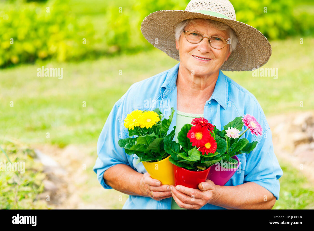 Senior woman with flowers in garden Stock Photo - Alamy