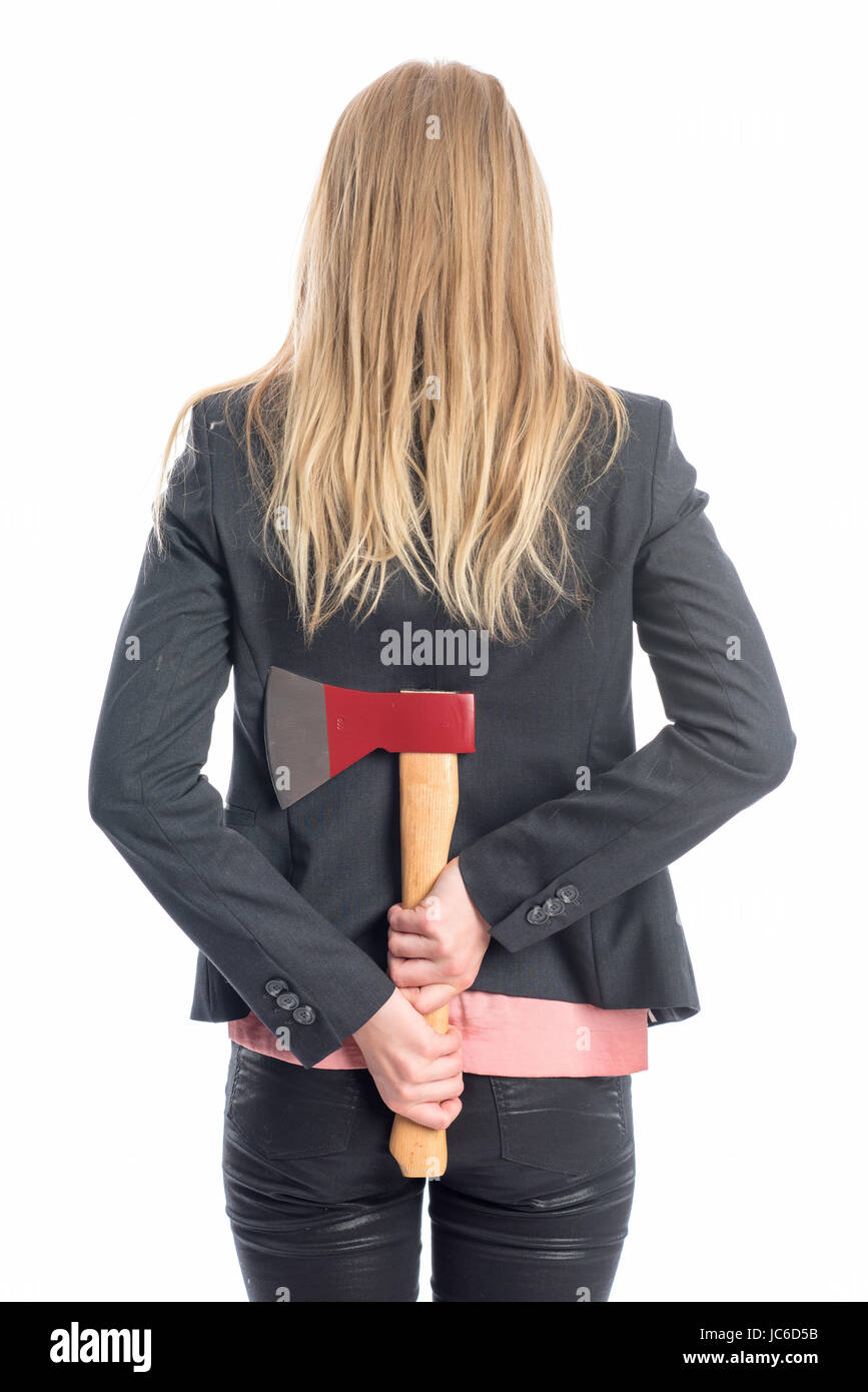 blonde woman with ax Stock Photo
