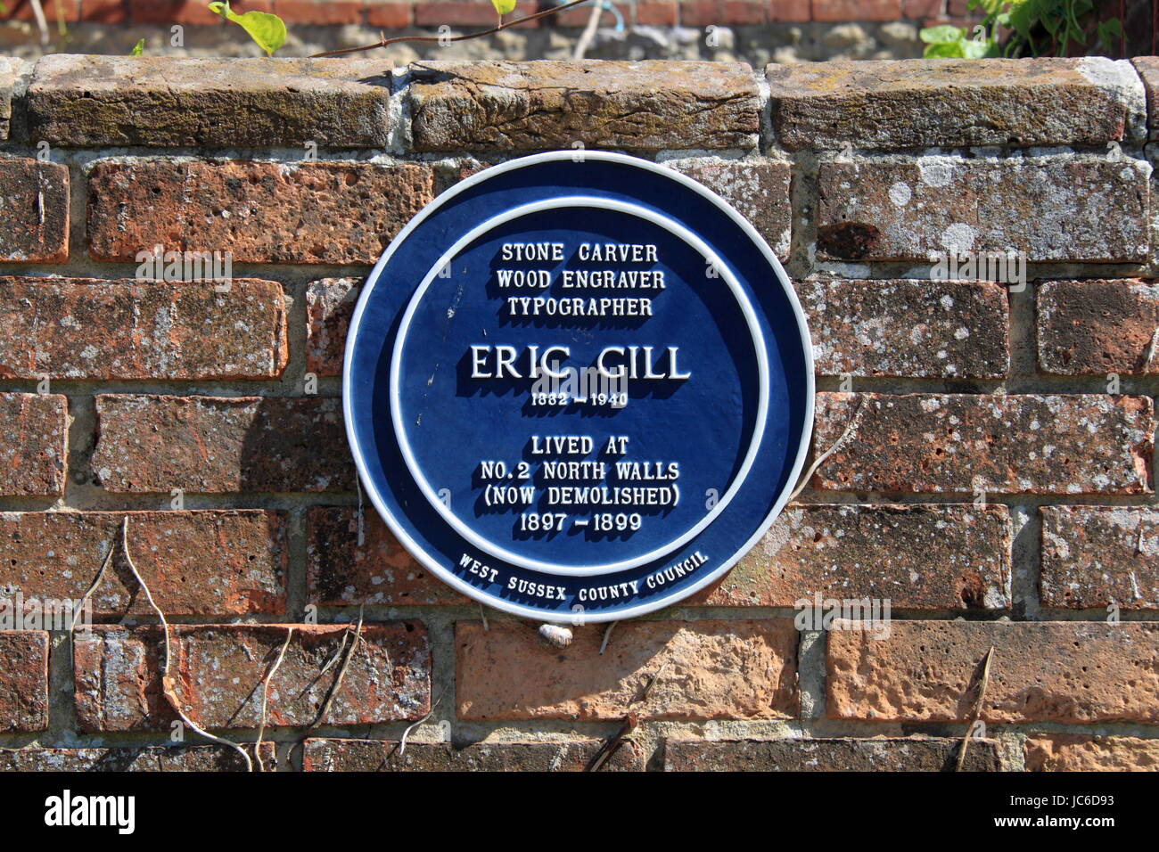 Blue plaque to Eric Gill, North Walls, Chichester, West Sussex, England, Great Britain, United Kingdom, UK, Europe Stock Photo