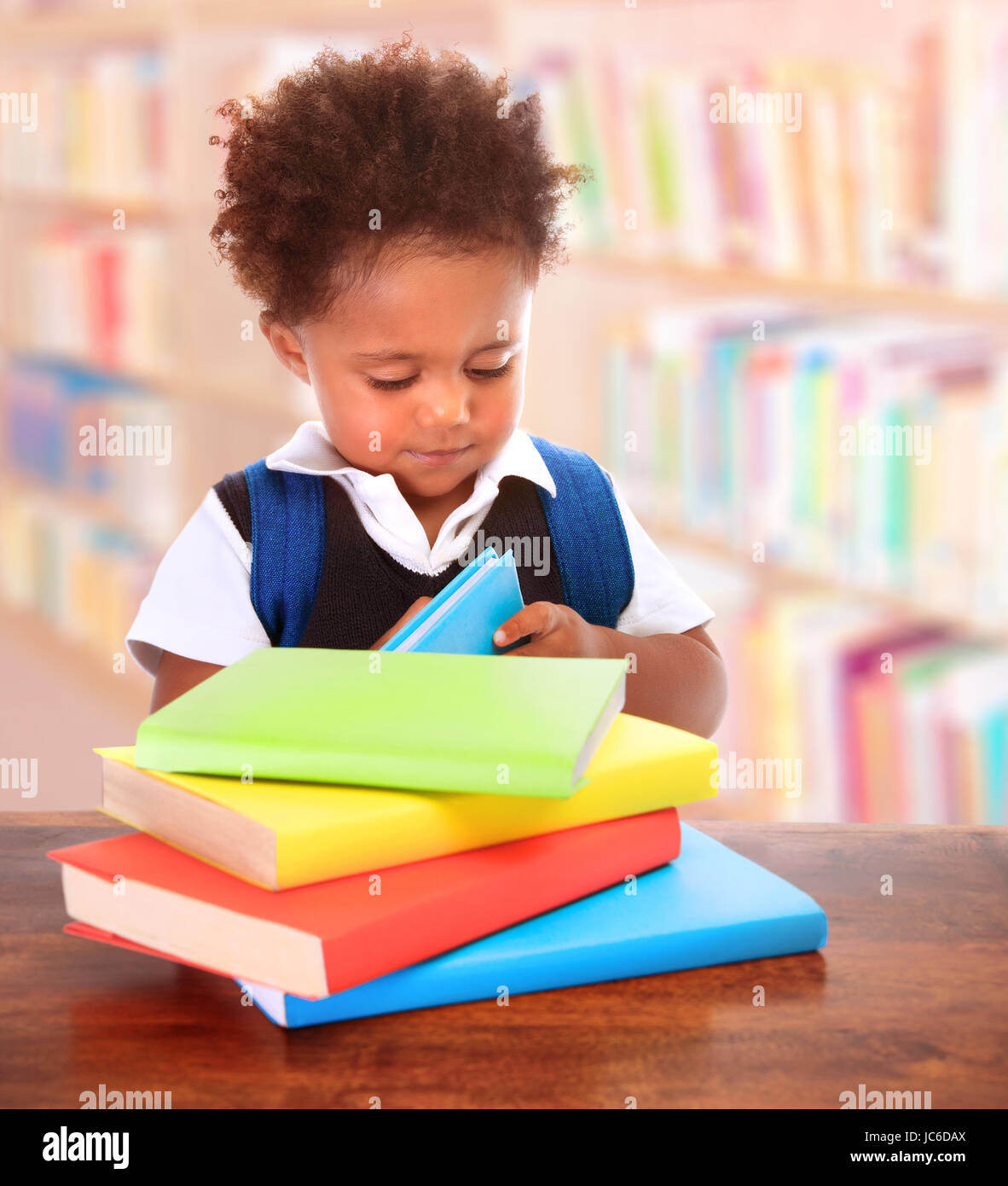 Little Clever Preschooler In The Library Reading Books Cute African   Little Clever Preschooler In The Library Reading Books Cute African JC6DAX 