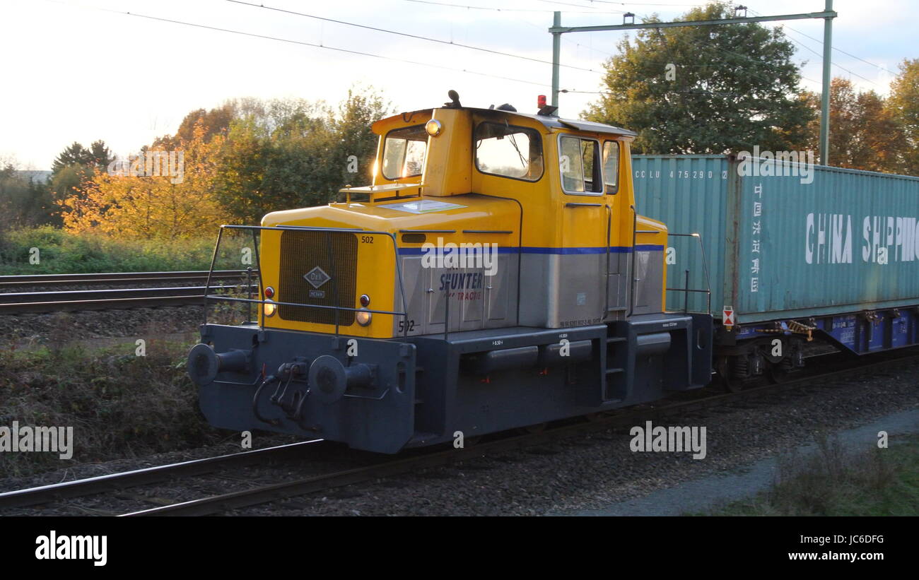 diesel shunter Tractie 502 with Blerick ISO Container Wagon train, Blerick, Venlo, Netherlands Stock Photo