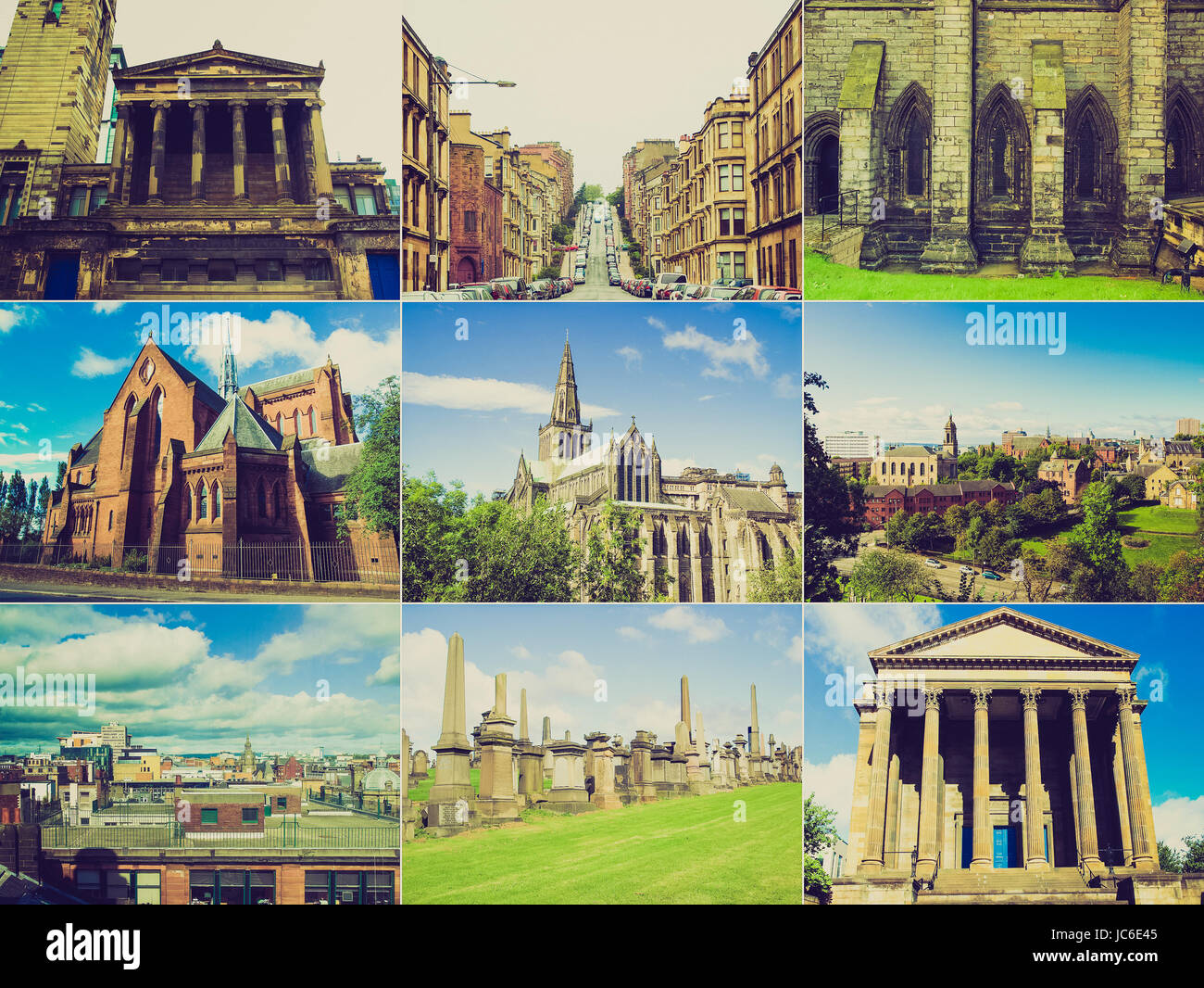 Vintage retro looking Famous Glasgow landmarks, Scotland, UK Stock