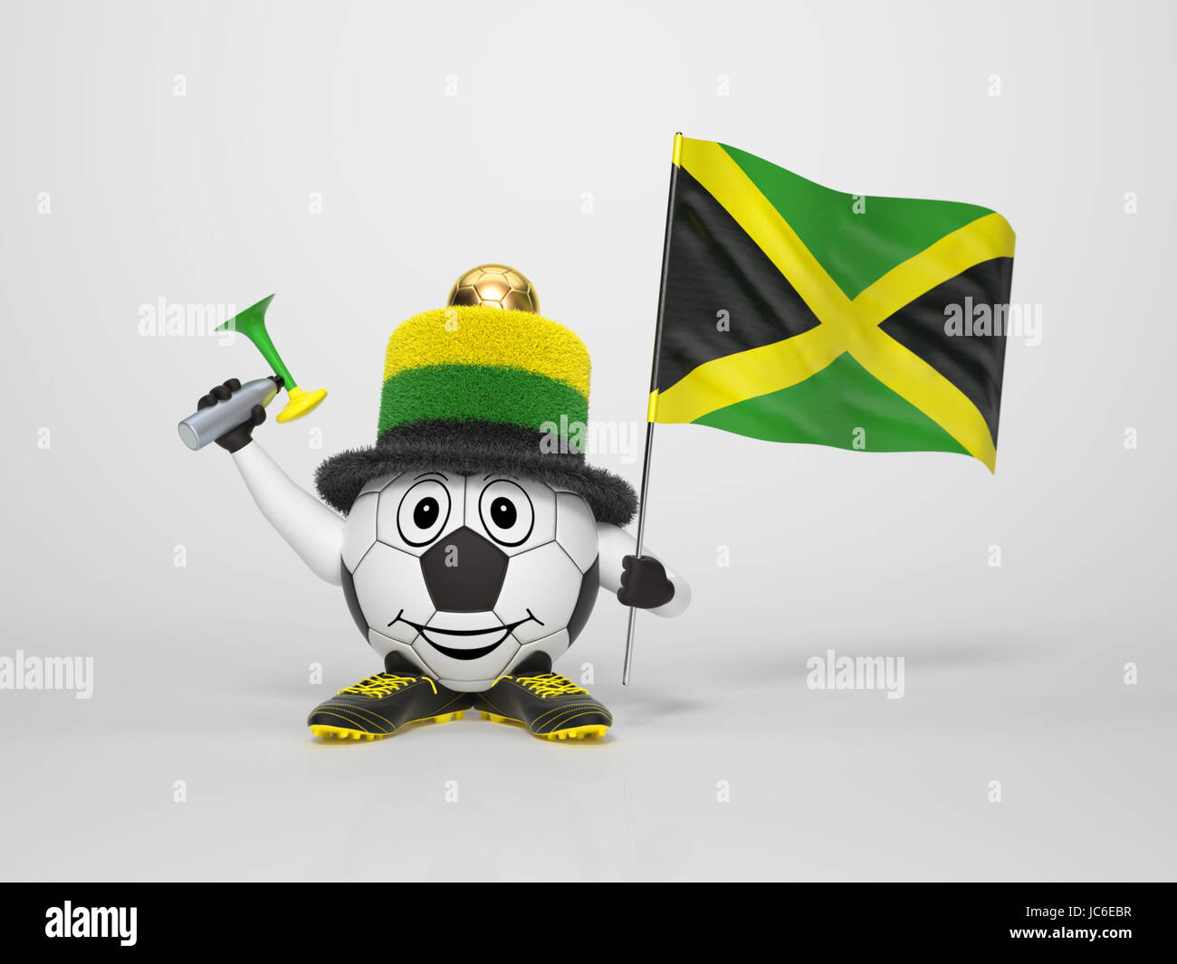 A cute and funny soccer character holding the national flag of Jamaica and a horn dressed in the colors of Jamaica on bright background supporting his team Stock Photo