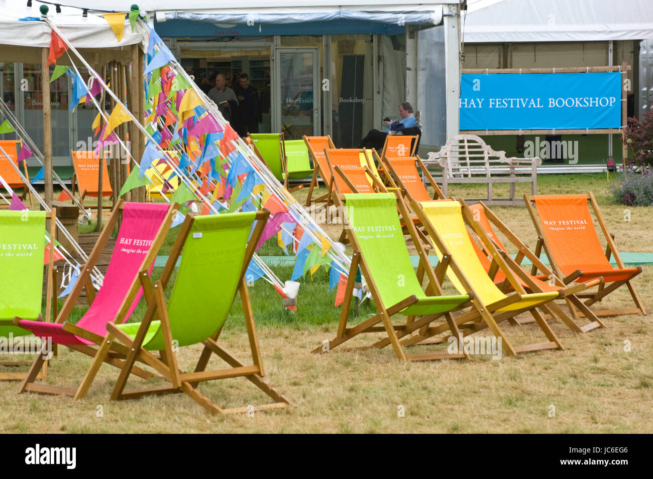 Empty deckchairs at Hay Festival of Literature and the Arts 2017 Hay-on-Wye Powys Wales UK Stock Photo