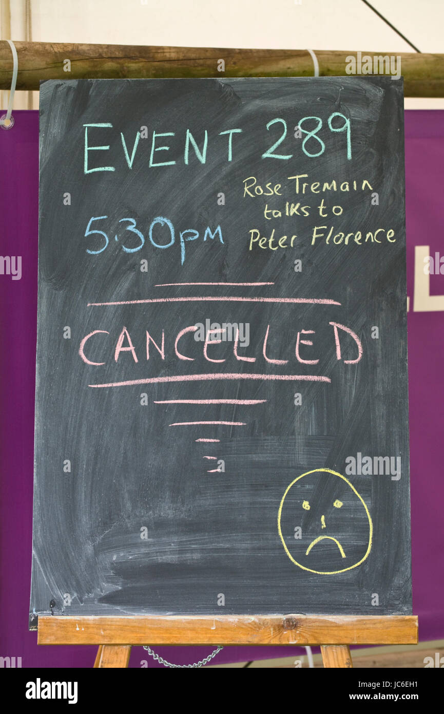 Blackboard with Rose Tremain event cancelled at Hay Festival of Literature & Arts 2017 Hay-on-Wye Powys Wales UK Stock Photo