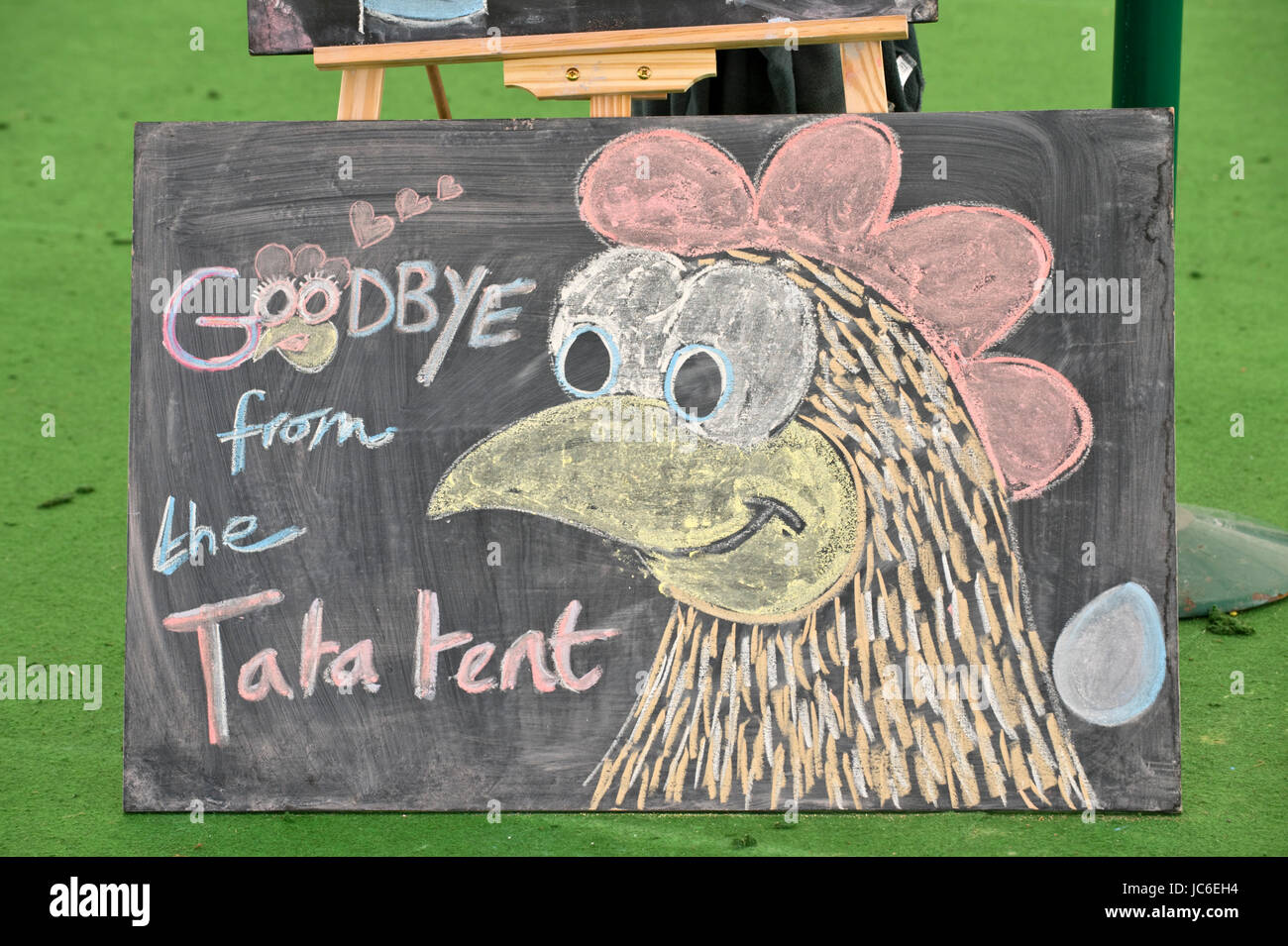 Goodbye from Tata tent on blackboard final event at Hay Festival of Literature and the Arts 2017 Hay-on-Wye Powys Wales UK Stock Photo