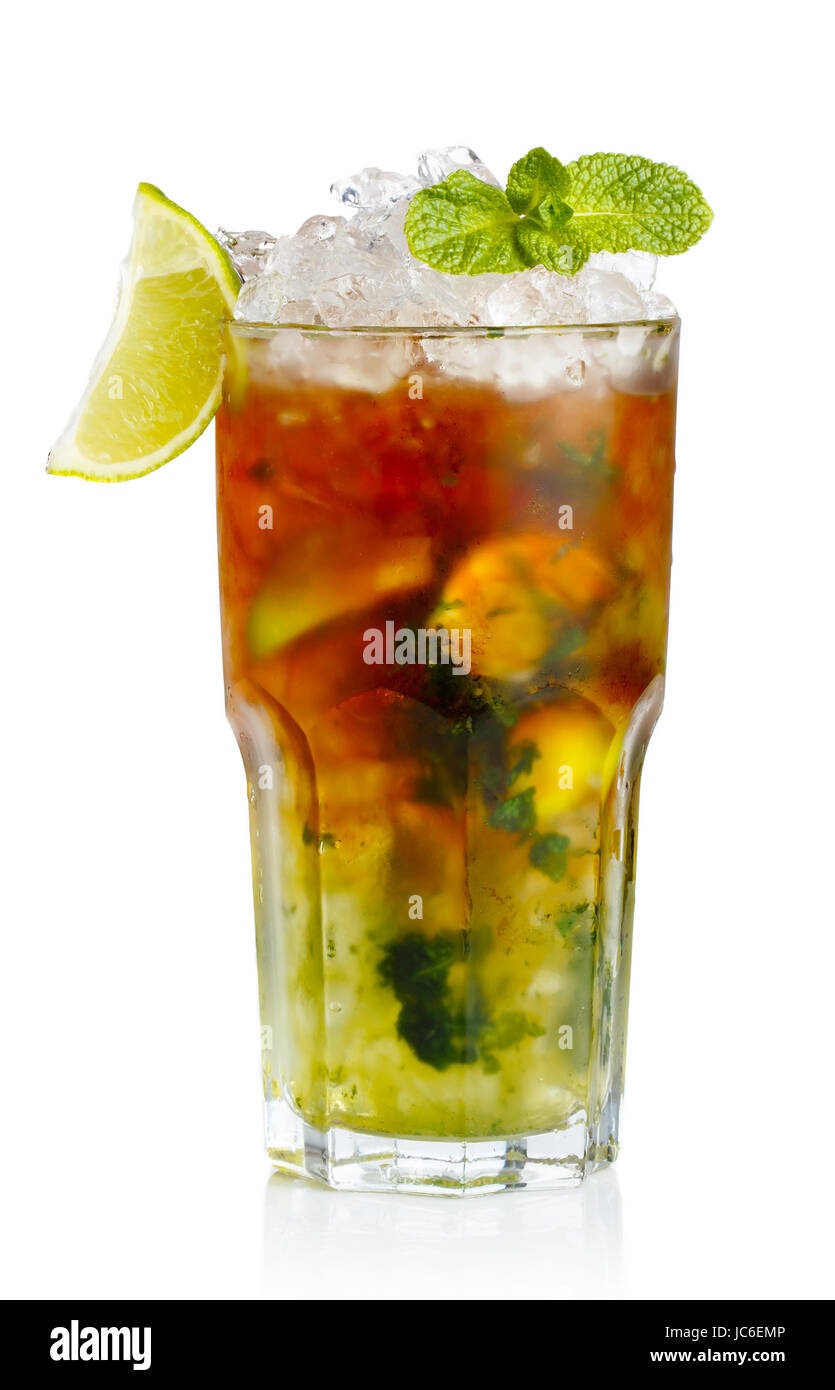 Glass of fresh nonalcoholic cocktail with lime, apple and green mint leaves isolated Stock Photo