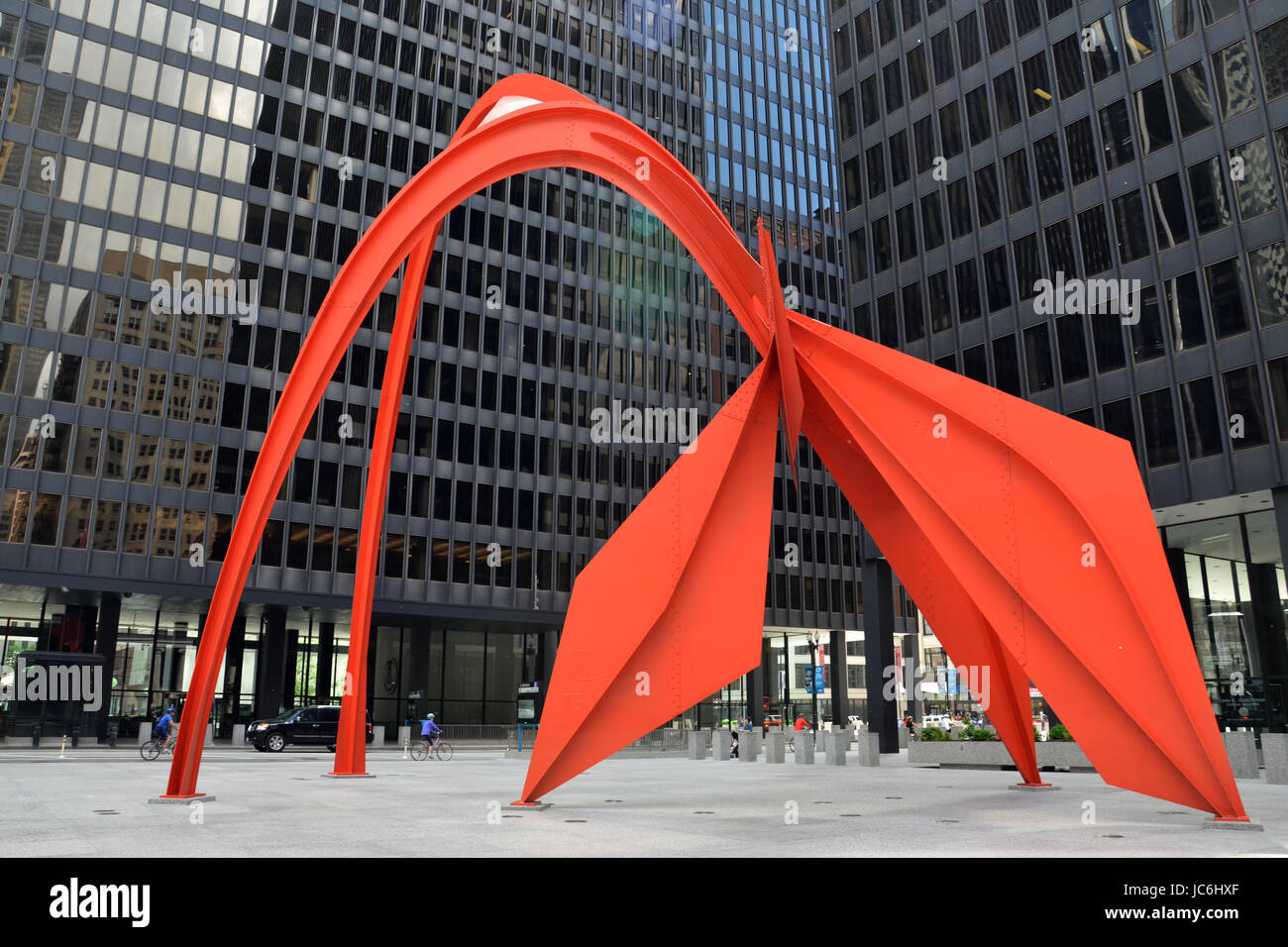 CHICAGO - MAY 29: Flamingo, in the Federal Plaza in Chicago, is shown here on May 29, 2016. The stabile was constructed by American sculptor Alexander Stock Photo