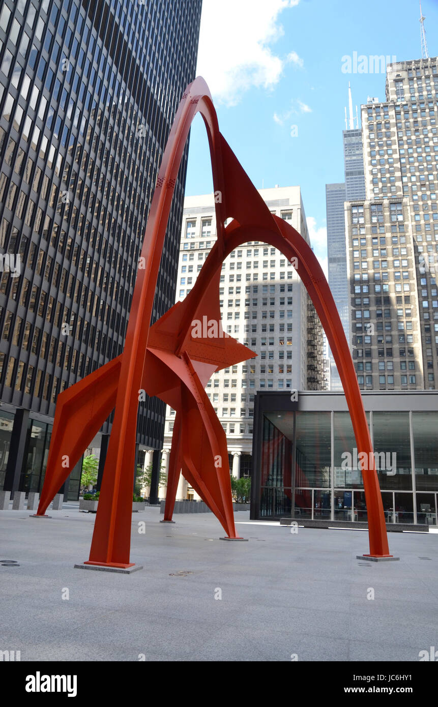 CHICAGO - MAY 29: Flamingo, in the Federal Plaza in Chicago, is shown here on May 29, 2016. The stabile was constructed by American sculptor Alexander Stock Photo