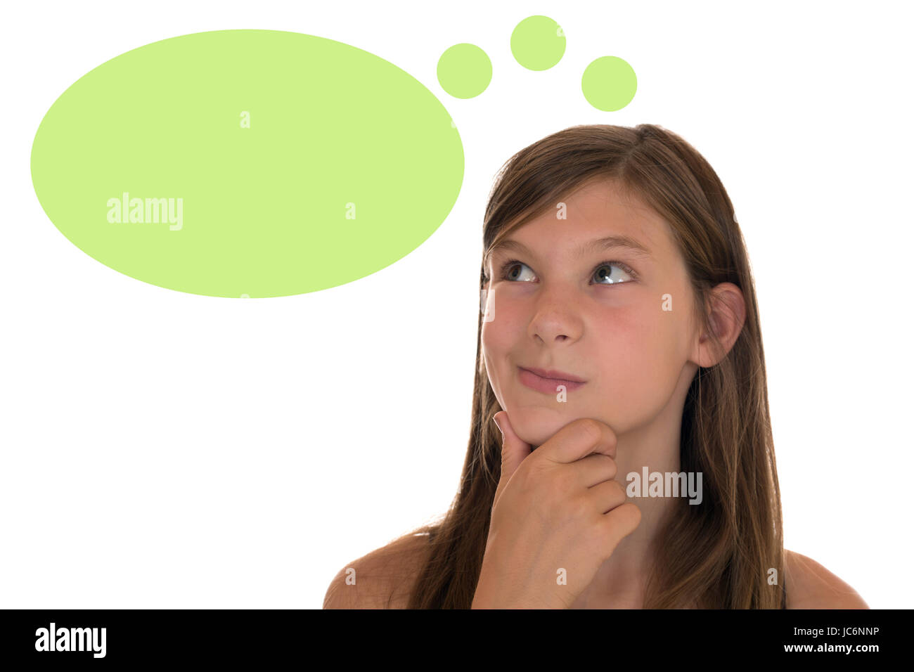 Junges Mädchen beim Denken mit Sprechblase und Textfreiraum, isoliert vor einem weissen Hintergrund Stock Photo