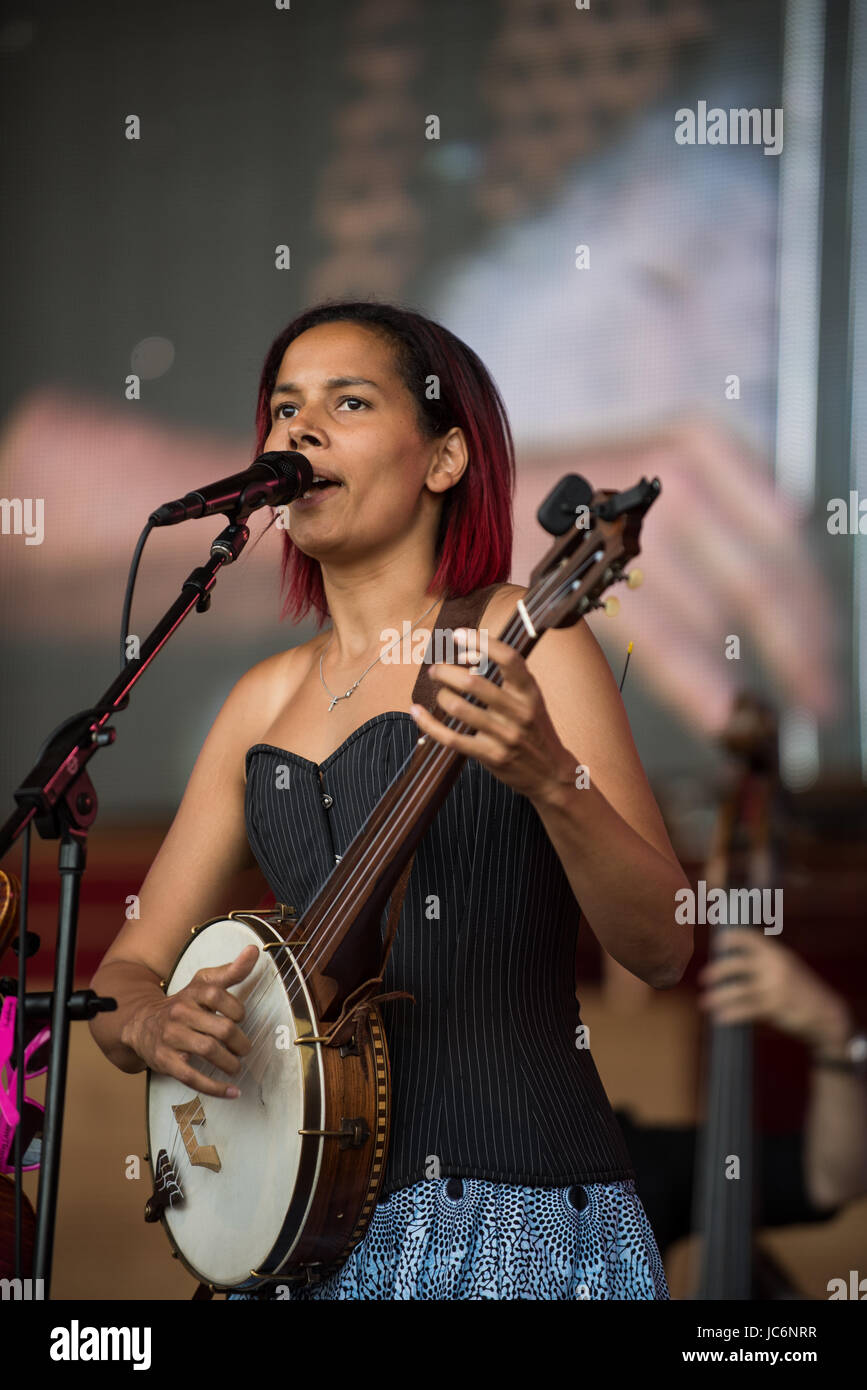 Rhiannon Giddens performs at the Chicago Blues Festival at Millennium Park on June 11, 2017 in Chicago, Illinois. Stock Photo