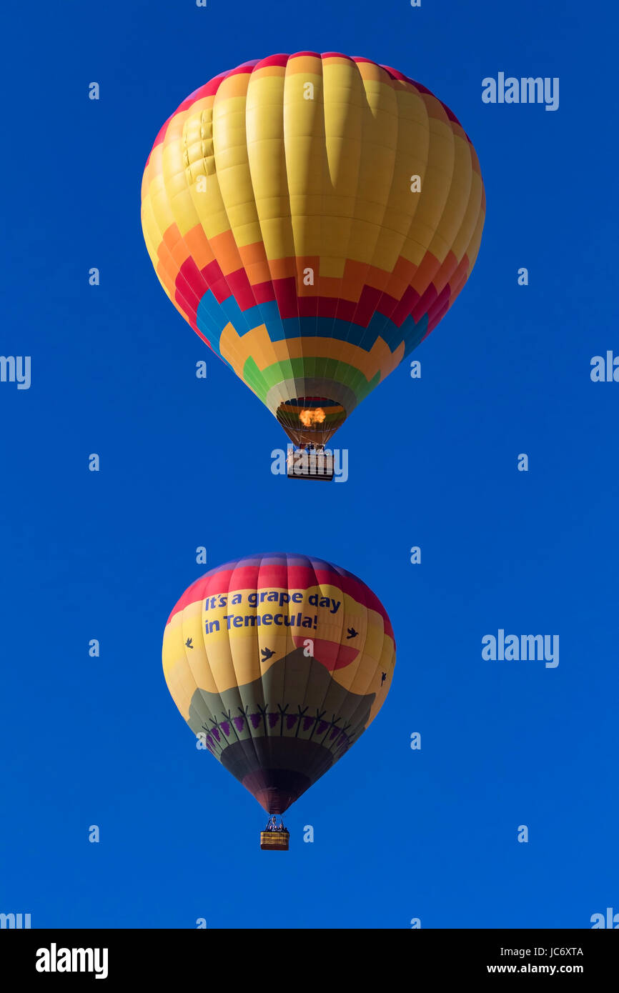 Balloons float over vineyard and Hot Air  Balloon Festival Stock Photo