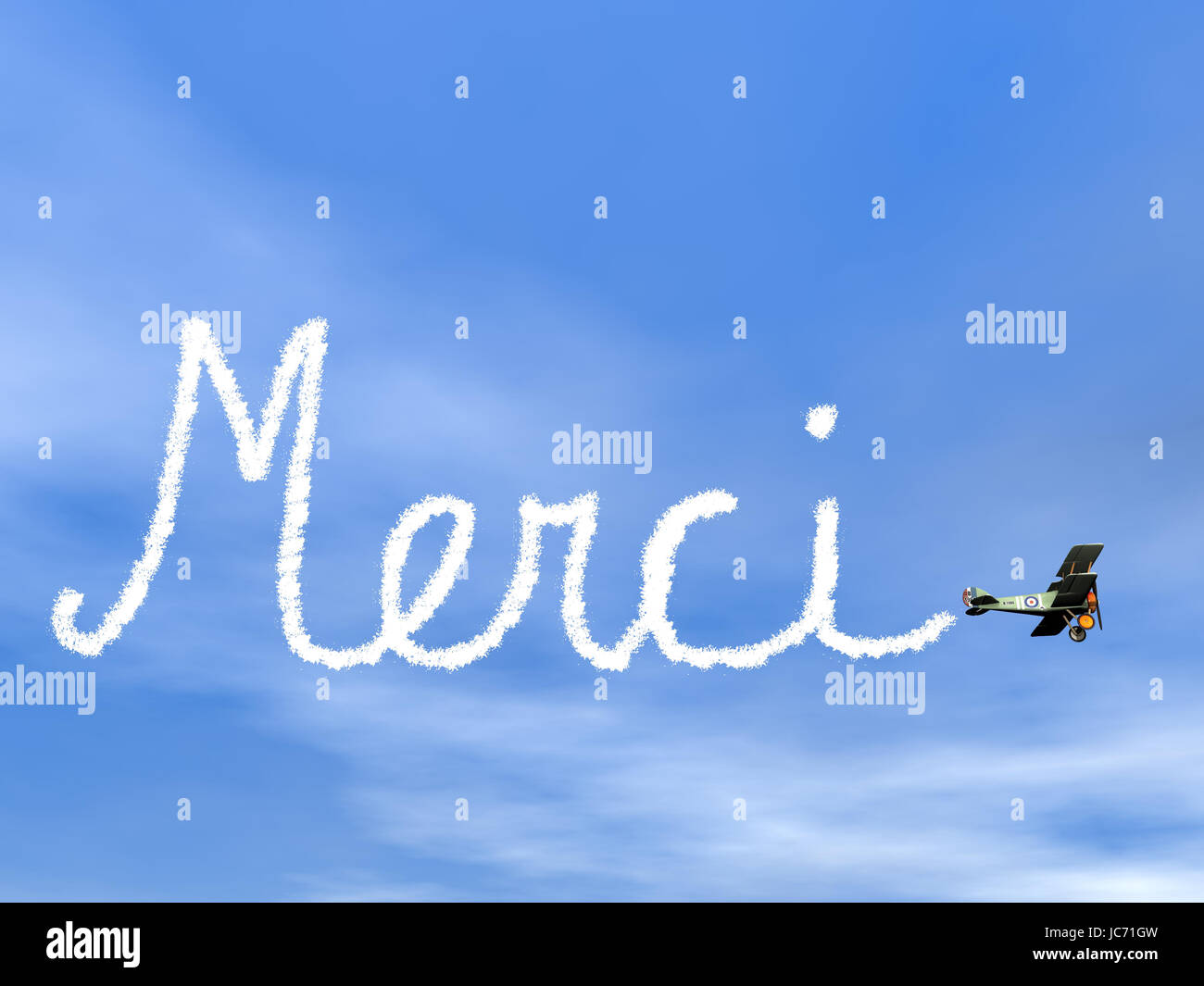 Merci, french thank you message, from biplan smoke in blue sky - 3D render Stock Photo