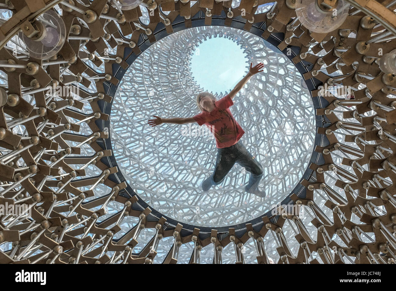 A boy interacts with the The Hive art installation at Kew Gardens, by UK based artist Wolfgang Buttress. Stock Photo