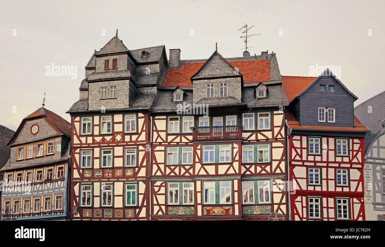 half-timbered houses on the market square in butzbach Stock Photo
