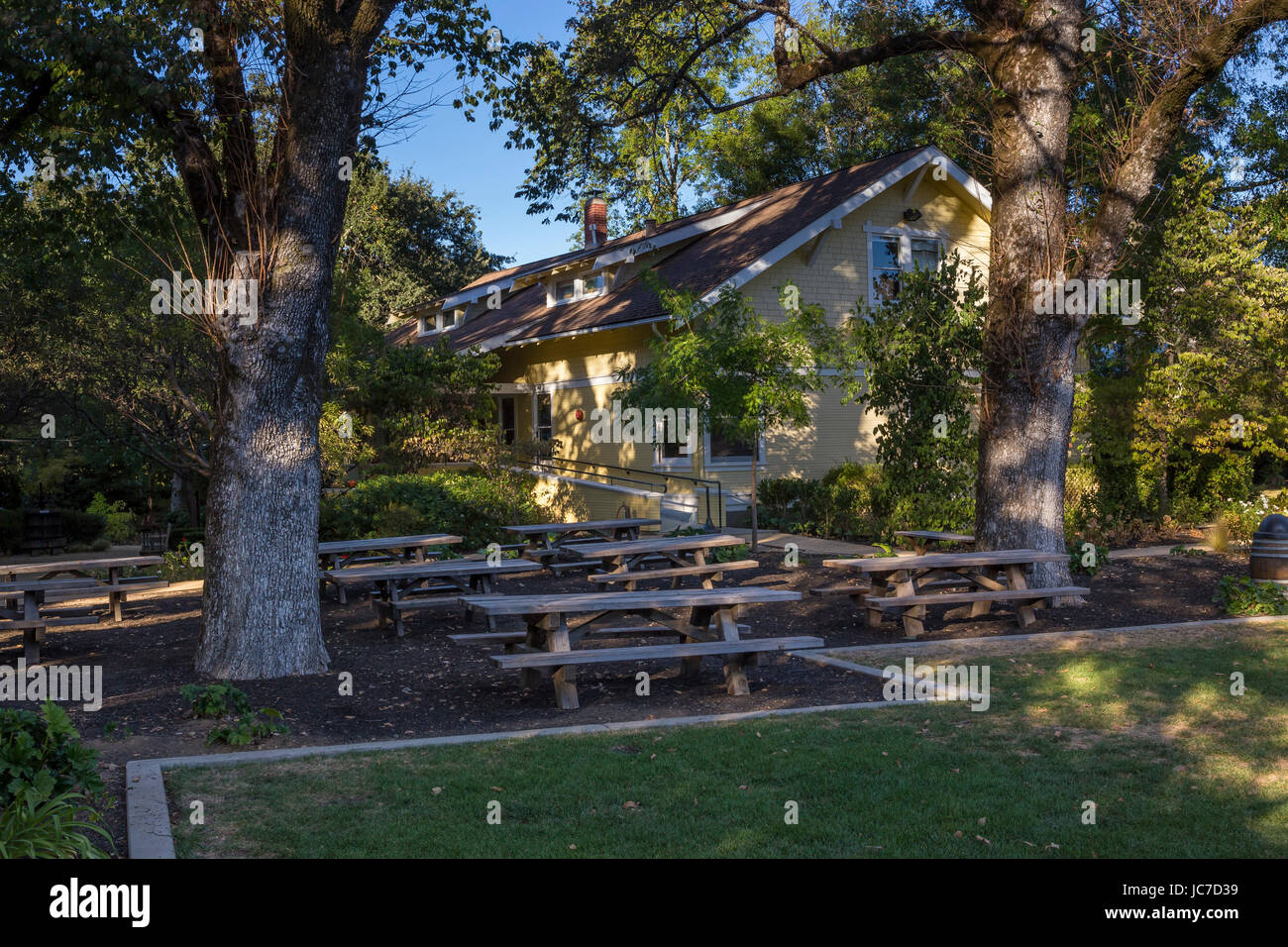 outdoor wine tasting, picnic area, Frank Family Vineyards, Calistoga, Napa Valley, California, United States Stock Photo