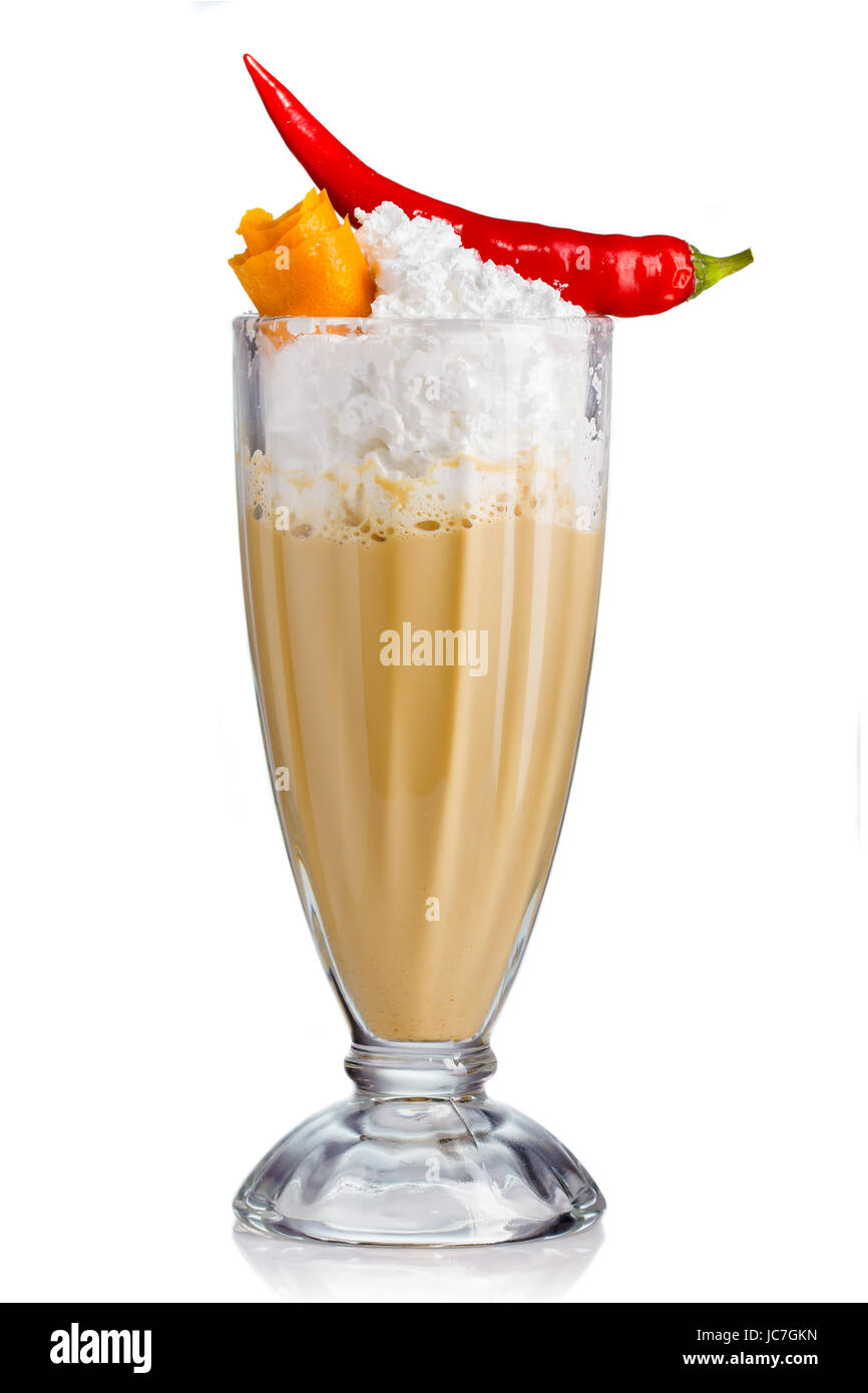 Frappe with cream and spices (chilli, rind) isolated on white background Stock Photo