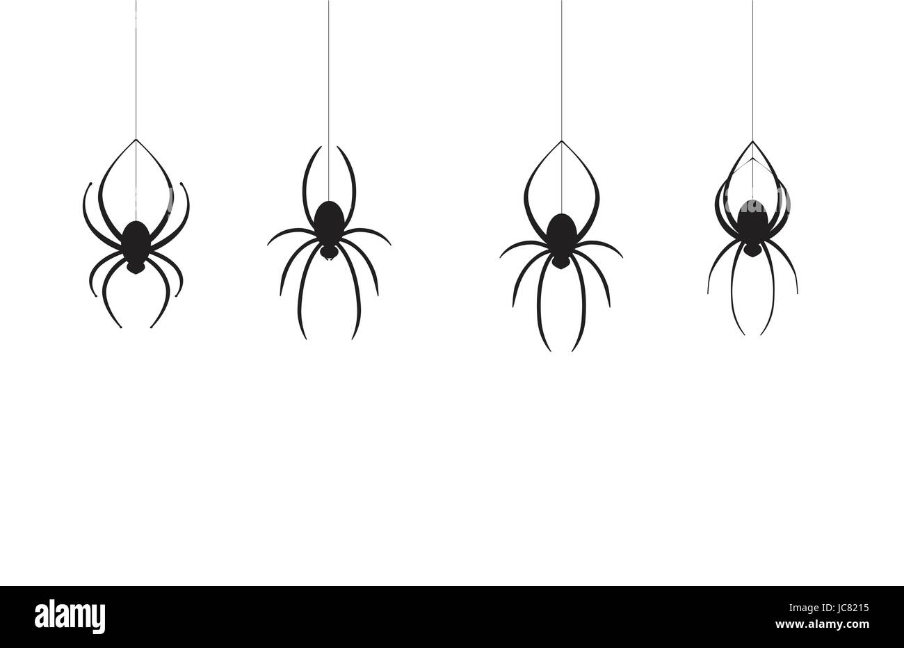 Four stylized black Halloween spiders descending on single web lines in a fun and creepy design. Stock Vector