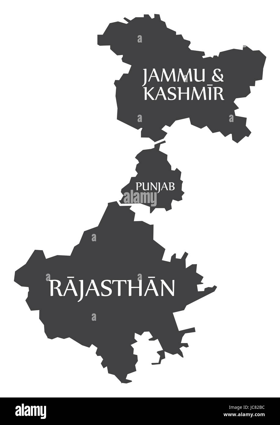 Jammu and Kashmir - Punjab - Rajasthan Map Illustration of Indian states Stock Vector