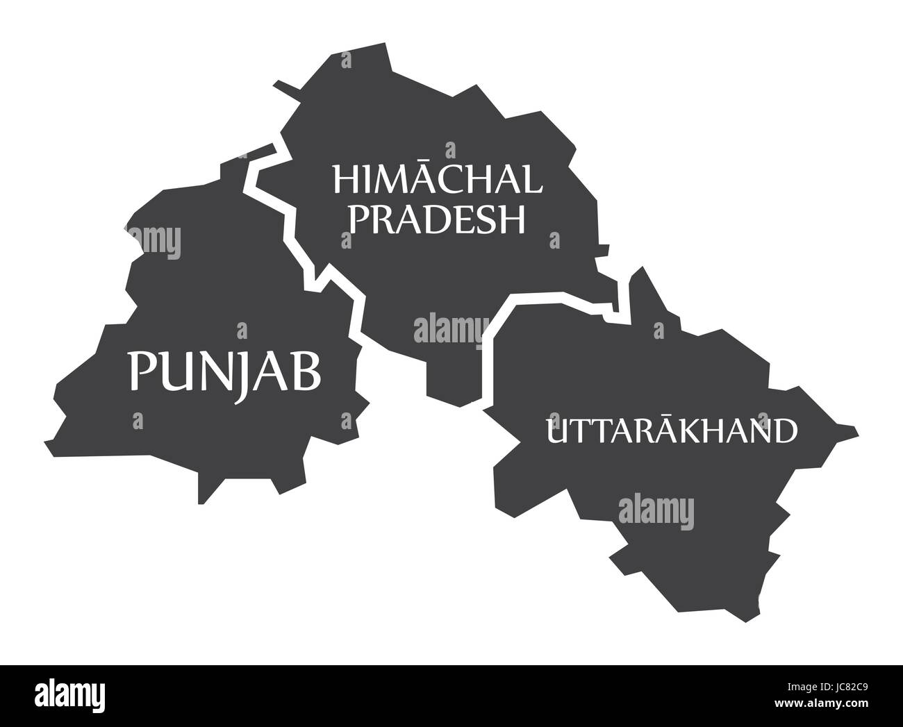 Punjab - Himachal Pradesh - Uttarakhand Map Illustration of Indian states Stock Vector