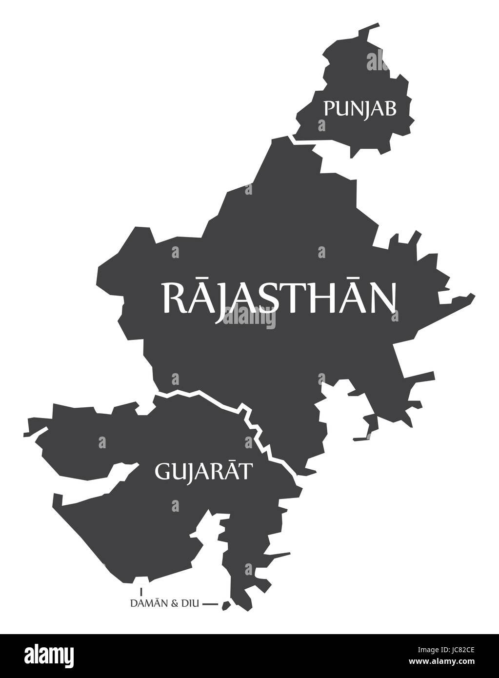 Punjab - Rajasthan - Gujarat - Daman and Diu Map Illustration of Indian states Stock Vector