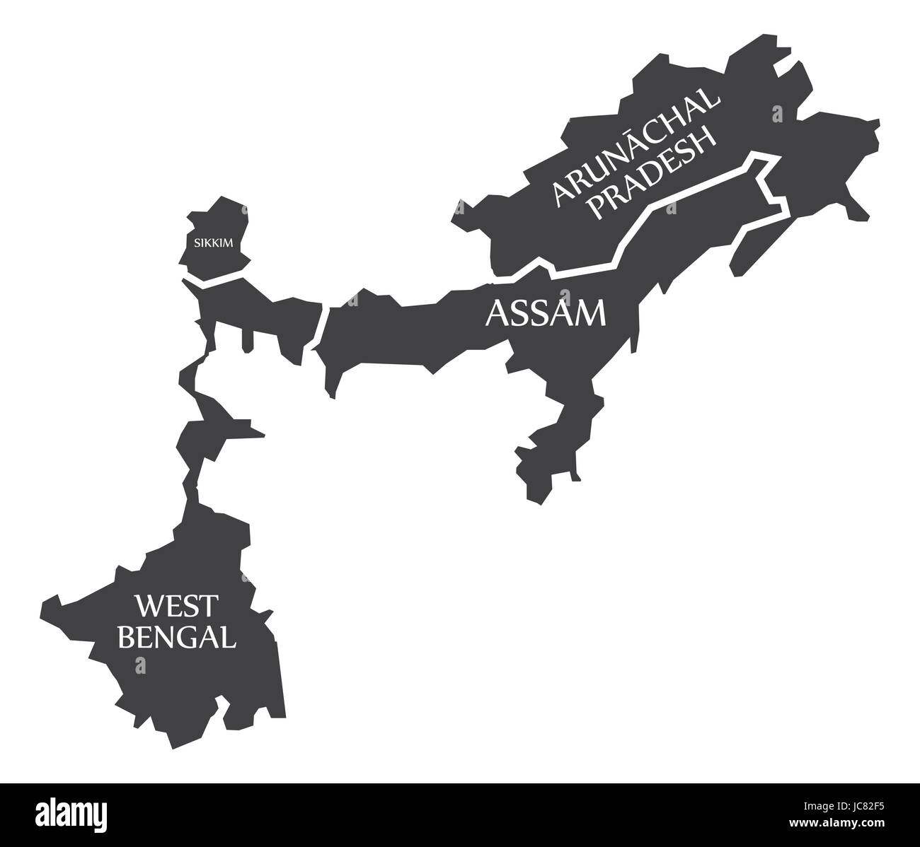 West Bengal Sikkim Assam Arunachal Pradesh Map Illustration of Indian states Stock Vector