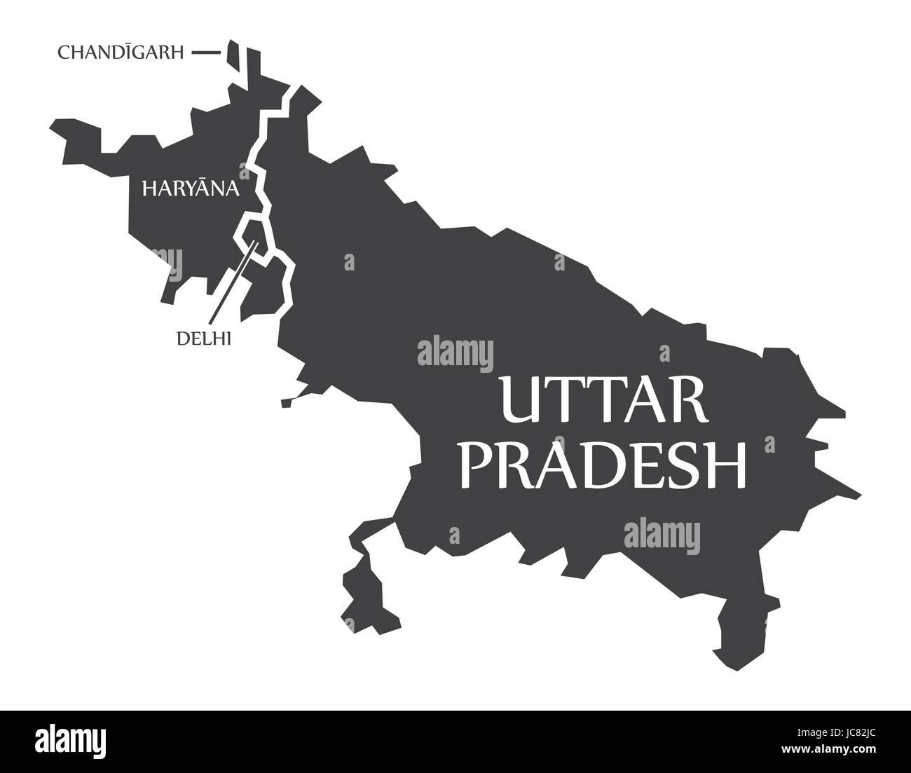 Chandigarh - Haryana - Delhi - Uttar Pradesh Map Illustration of Indian states Stock Vector