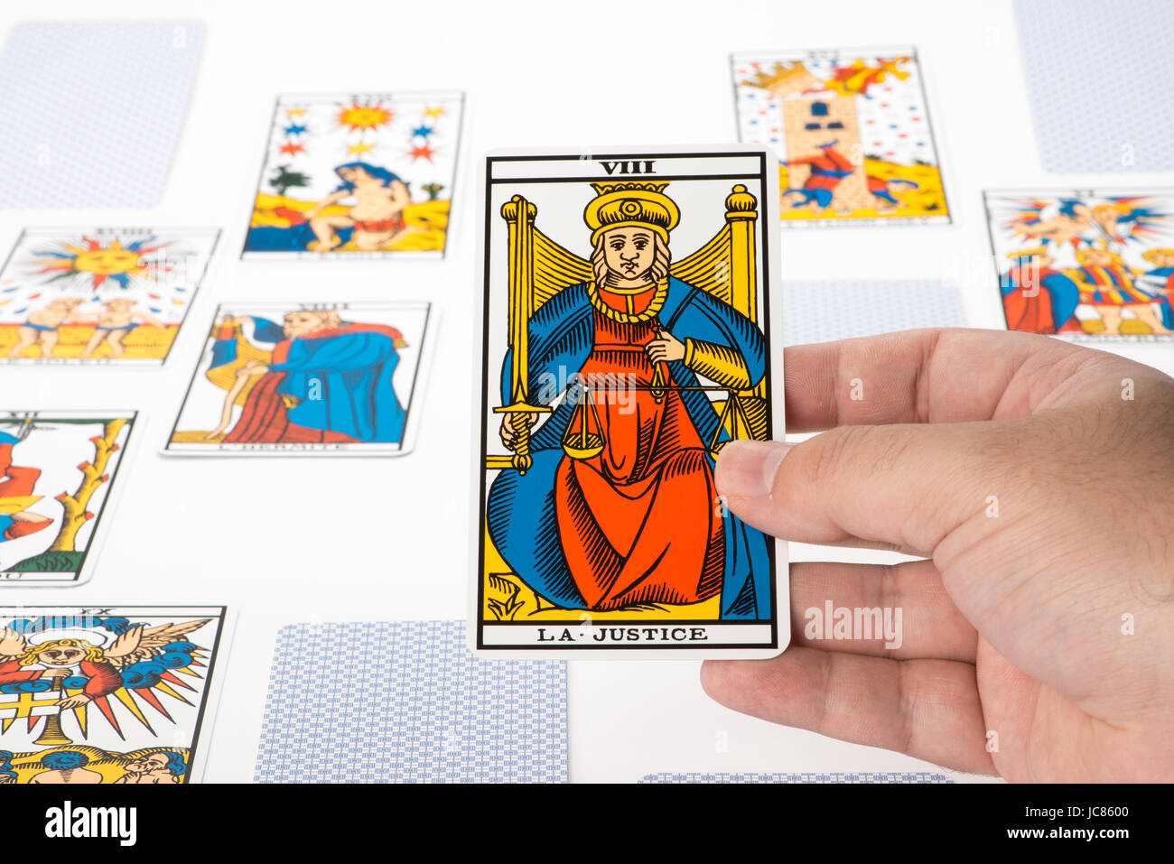 Draw tarot on white background : Justice Stock Photo