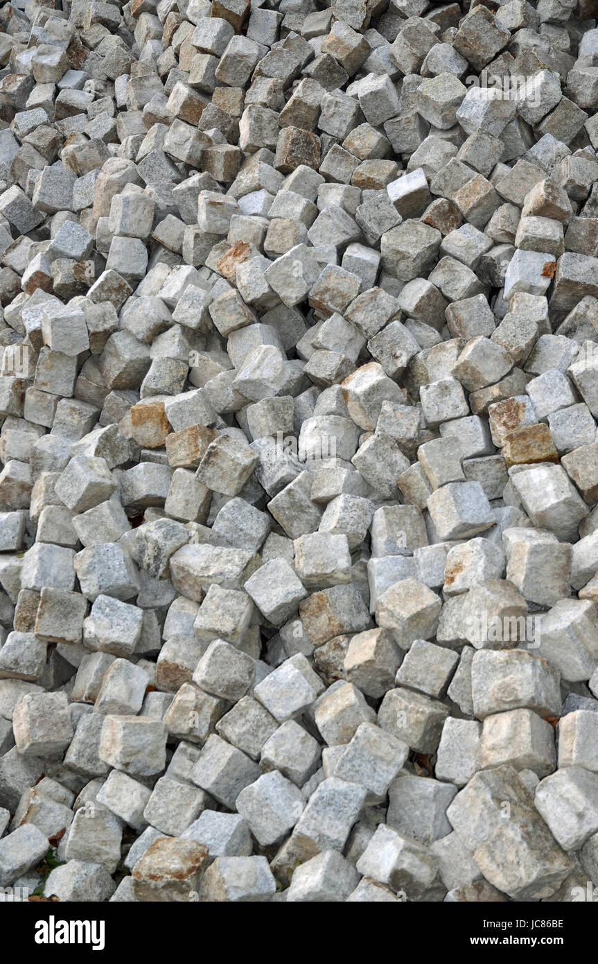 Steine, Straßenbau, stein, bauhof, pflasterstein, pflastersteine, lager, baumaterial, tiefbau, grau, Stock Photo