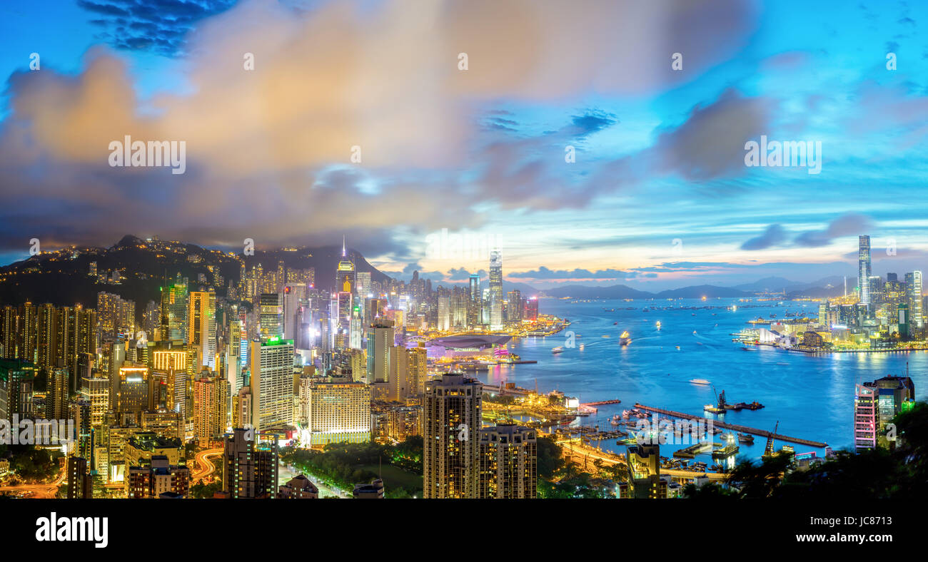 Aerial Panorama shot of Hong Kong cityscape Skyline from braemar hill ...