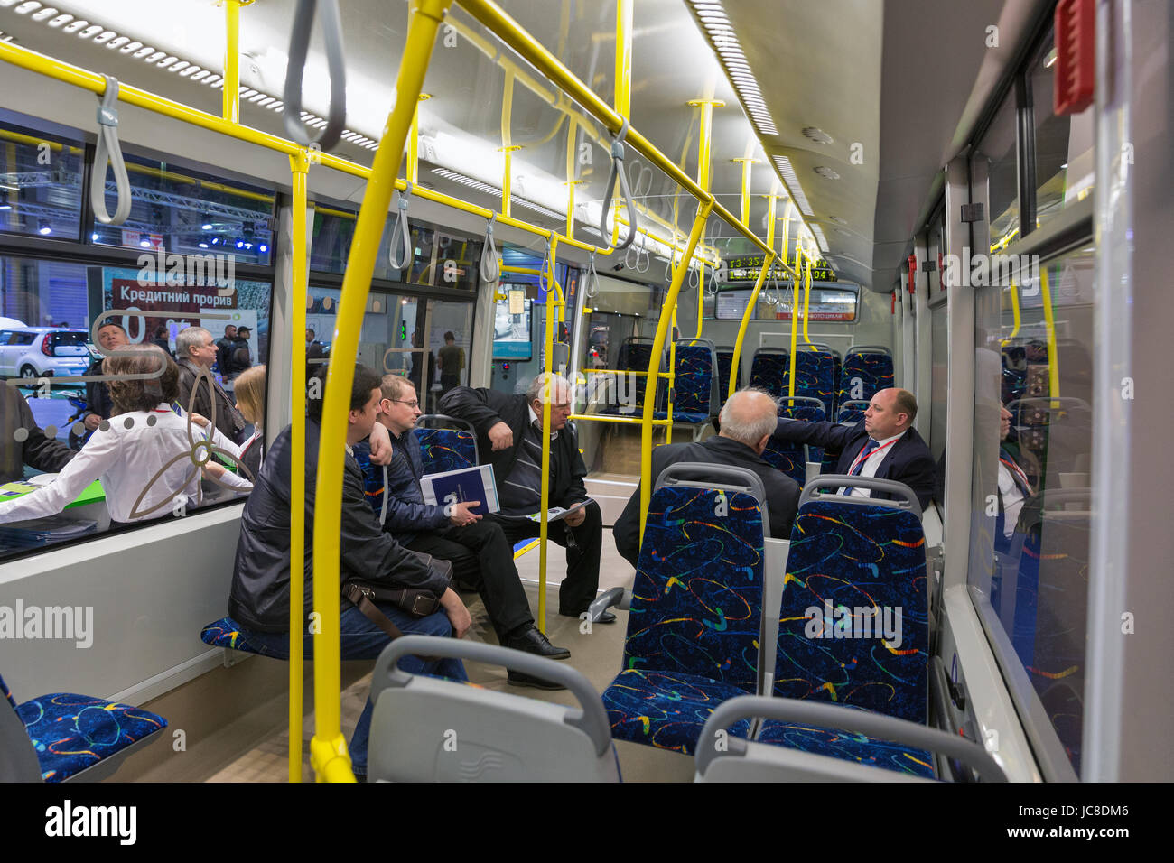 KIEV, UKRAINE APRIL 07, 2017 People visit Belkommunmash Electrobus