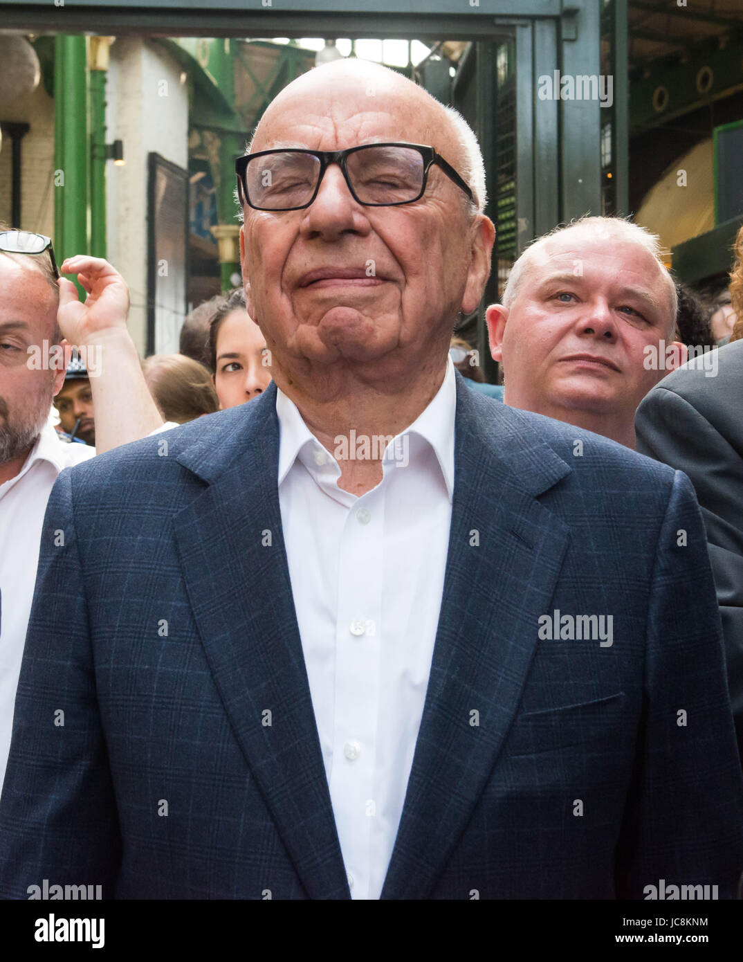 London, UK. 14th June, 2017. Rupert Murdoch at Borough Market as it re-opens to the public following the terrorist attack. Borough Market open to the public following 3rd June terror attack. Eight people were killed and at least 48 injured in terror attacks on London Bridge and Borough Market. Credit: Michael Tubi/Alamy Live News Stock Photo