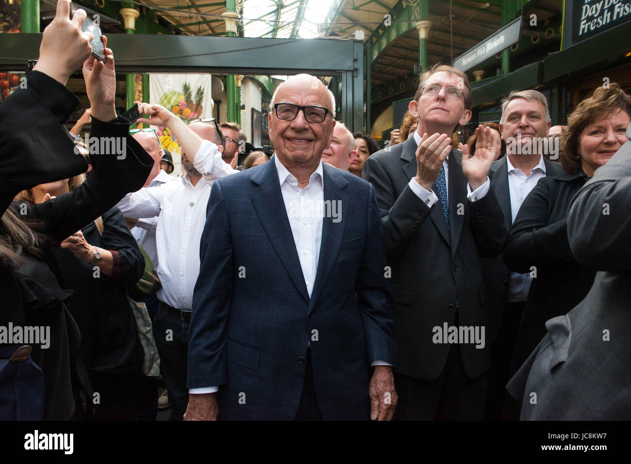 London, UK. 14th June, 2017. Rupert Murdoch at Borough Market as it re-opens to the public following the terrorist attack. Borough Market open to the public following 3rd June terror attack. Eight people were killed and at least 48 injured in terror attacks on London Bridge and Borough Market. Credit: Michael Tubi/Alamy Live News Stock Photo