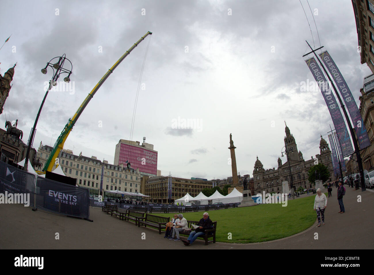 Glasgow, Scotland, UK. 14th June, 2017. The 'flying restaurant' was set up today in George Square by  the  Events in the Sky company. Glaswegians will be able to eat pie in the sky, as the city’s  top restaurants are serving meals  to patrons suspended high above the city for the next week .Credit Gerard Ferry/Alamy Live News Stock Photo