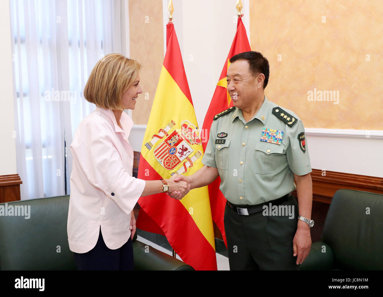 (170614) -- MADRID, June 14, 2017 (Xinhua) -- Fan Changlong (R), vice chairman of China's Central Military Commission, meets with Spain's Minister of Defense Maria Dolores de Cospedal in Madrid, Spain, June 13, 2017. (Xinhua/Li Xiaowei) (zw) Stock Photo