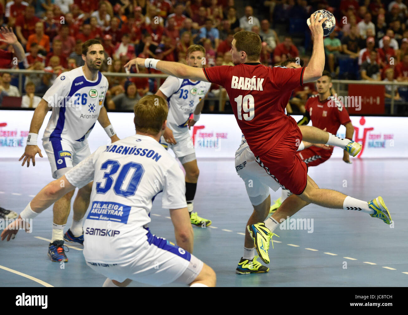 Brno, Czech Republic. 14th June, 2017. From right Czech TOMAS BABAK and OLAFUR ANDRES GUDMUNDSSON, OMAR INGI MAGNUSSON all of Iceland in action during the Qualifier of European Men's Handball Championship: Czech Republic vs Iceland in Brno, Czech Republic, June 14, 2017. Credit: Vaclav Salek/CTK Photo/Alamy Live News Stock Photo