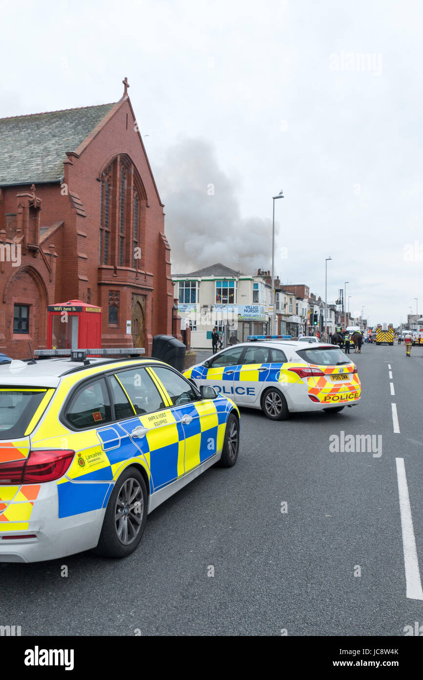 Blackpool, UK. 14th June, 2017. news. A large fire believed to be at a laundrette off Lytham rd in Blackpool is causing traffic chaos at the resort. The fire started about 45 minutes ago and there is a large police and fire services present dealing with the scene.copyright Credit: gary telford/Alamy Live News Stock Photo