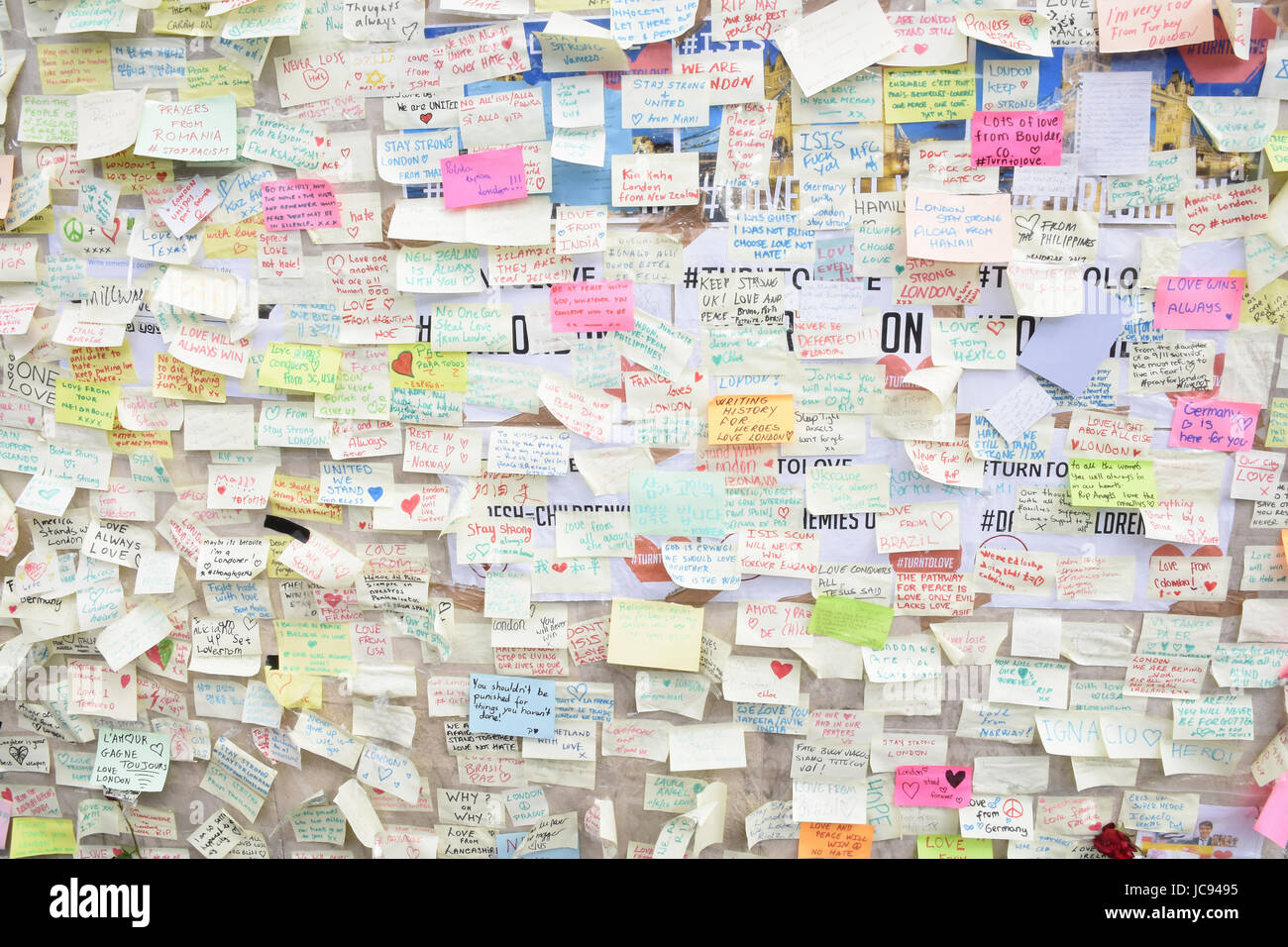 London Bridge Peace Wall,Hundreds of messages of peace were written on post it notes in the days following the London Bridge Terror Attack on 03.06.17. Stock Photo