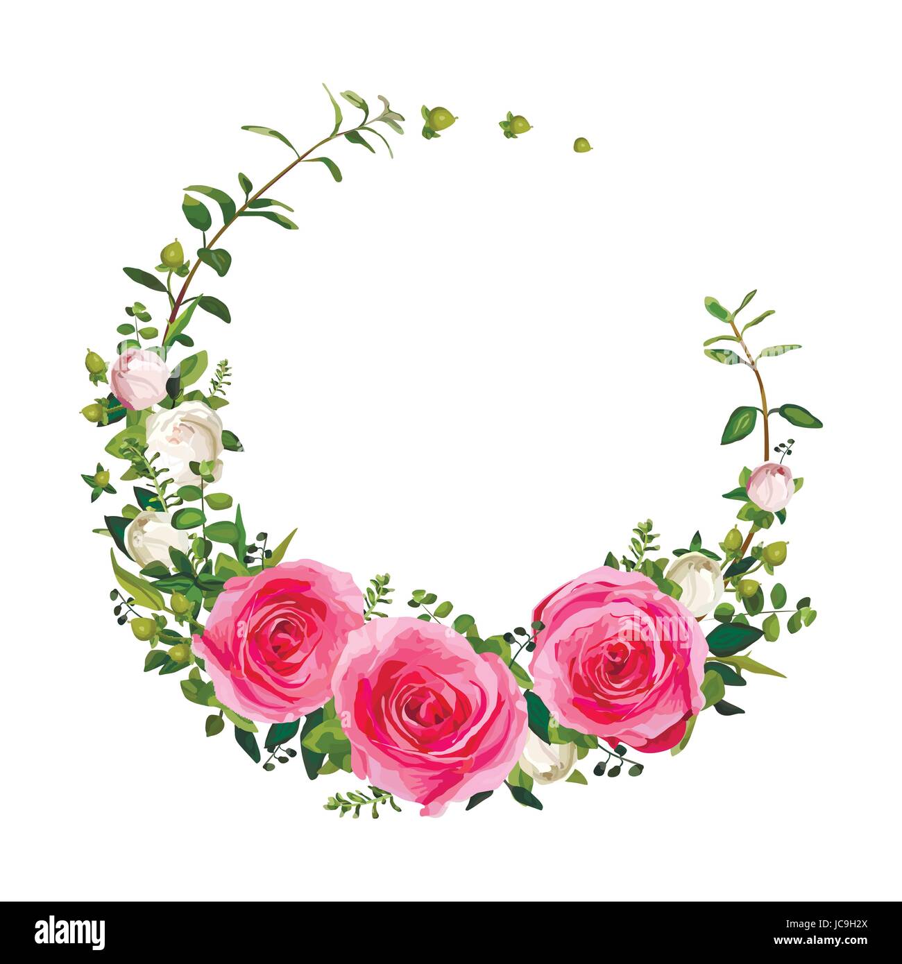 Flower circle round wreath coronet flowers pink Rose Hypericum fern leaves beautiful lovely spring summer bouquet vector illustration. Top view square Stock Vector