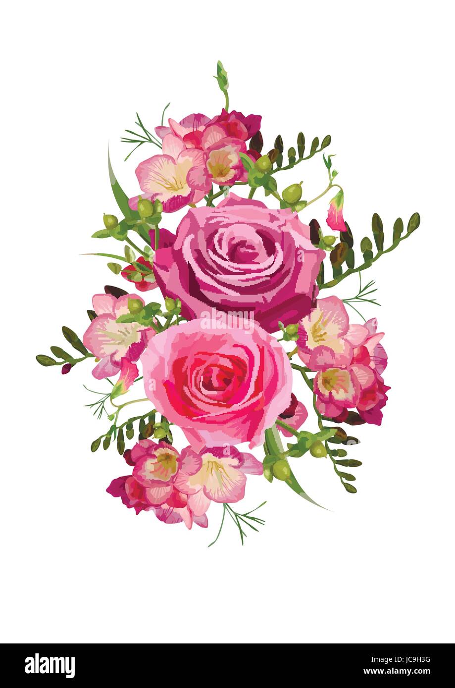 Flower pink Rose Freesia, Hypericum, sweet pea leaves herbs beautiful lovely spring  summer bloom bouquet vector illustration element. Top view elegan Stock Vector