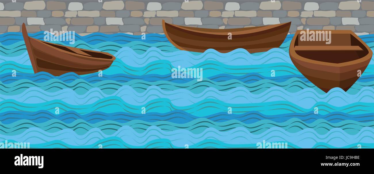 Boat boats wooden simple three ship on water sea river ocean wave waves calm tide roller wash brick stone wall background. Vector closeup side front b Stock Vector