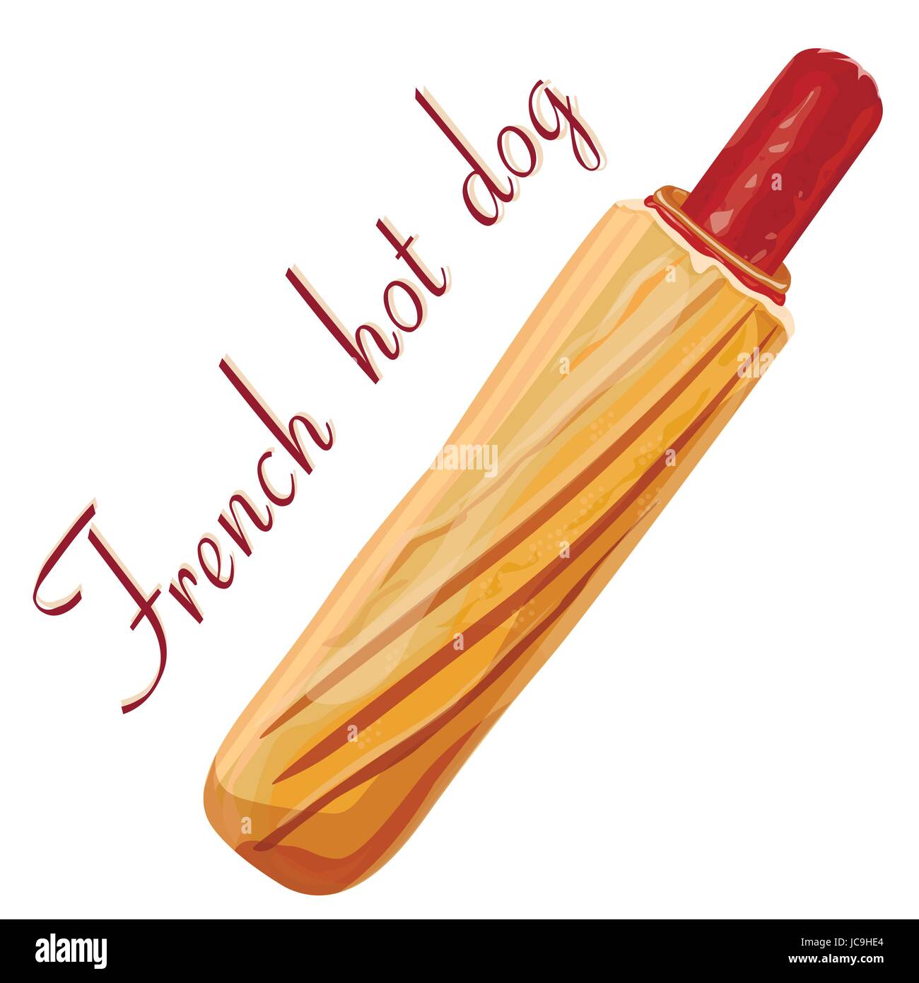 Hot dog: meat sausage, banger or frankfurter, mustard, mayonnaise, ketchup, fresh French baguette grilled bun. Vector square close-up sign side view i Stock Vector