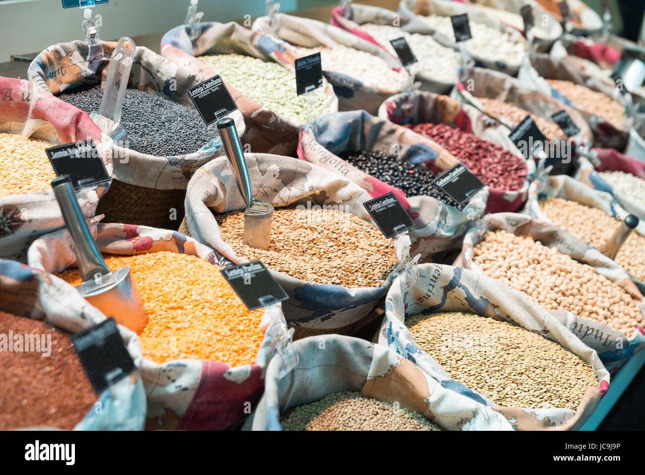 Grains and beans groceries in bulk bags at market Stock Photo Alamy