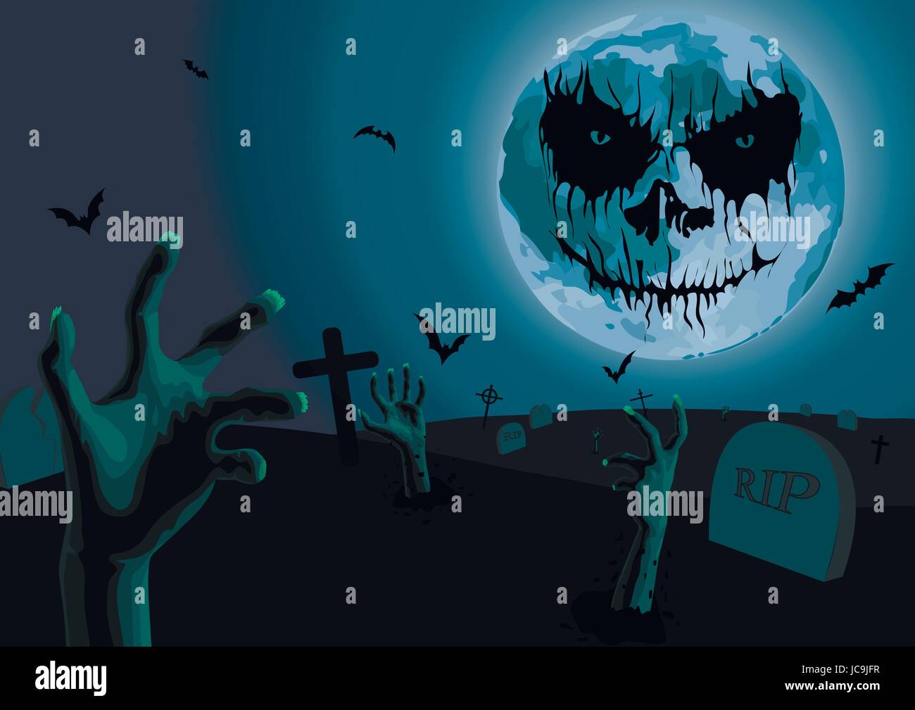 Halloween night: full moon with scary emotion cemetery with graves zombie hands bat flittermouse. Vector vertical closeup side view sign signboard han Stock Vector