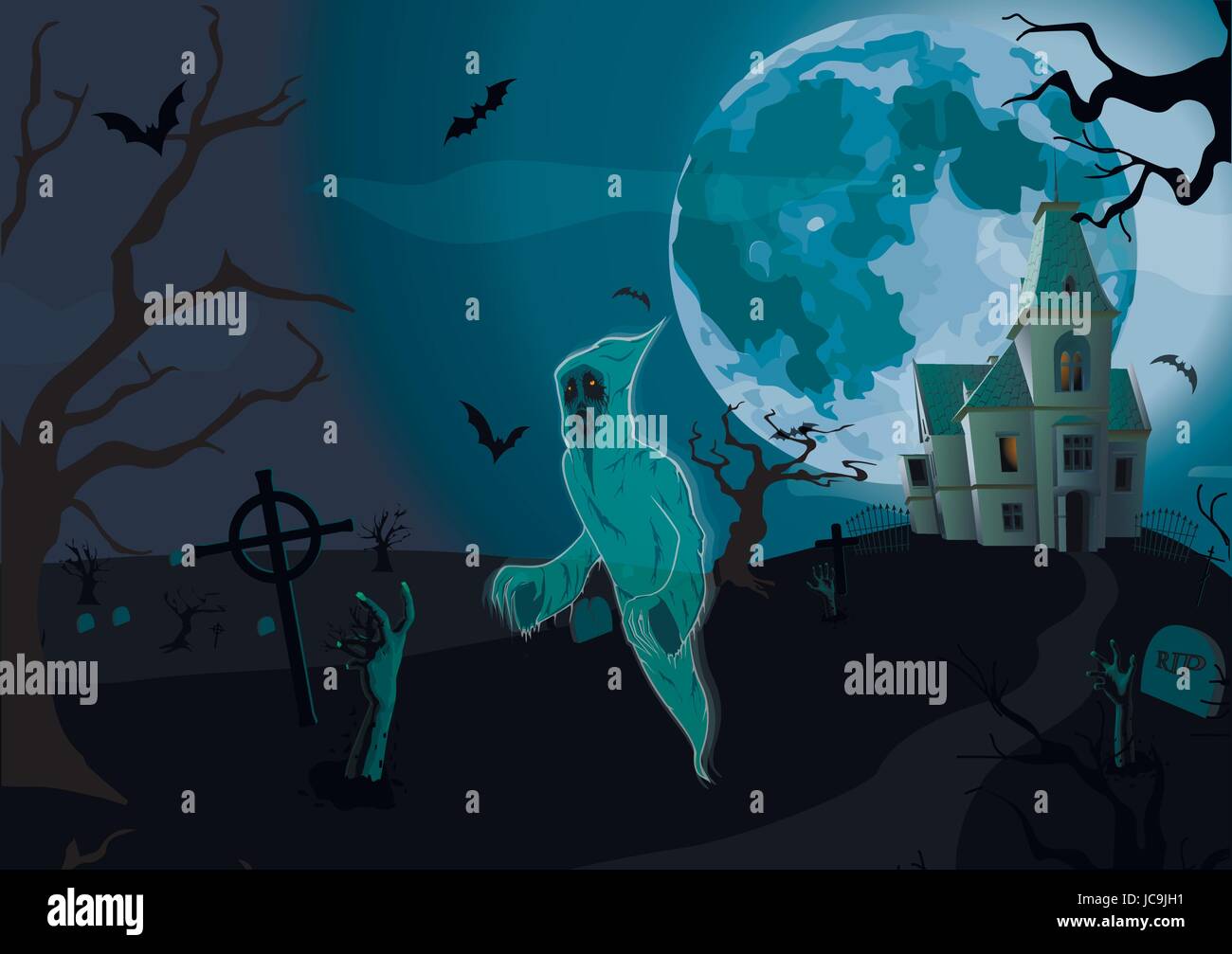 Halloween night: moon beautiful castle, gate, walking ghost, spook, cemetery graves gates zombie hands trees bat. Vector vertical closeup side view si Stock Vector