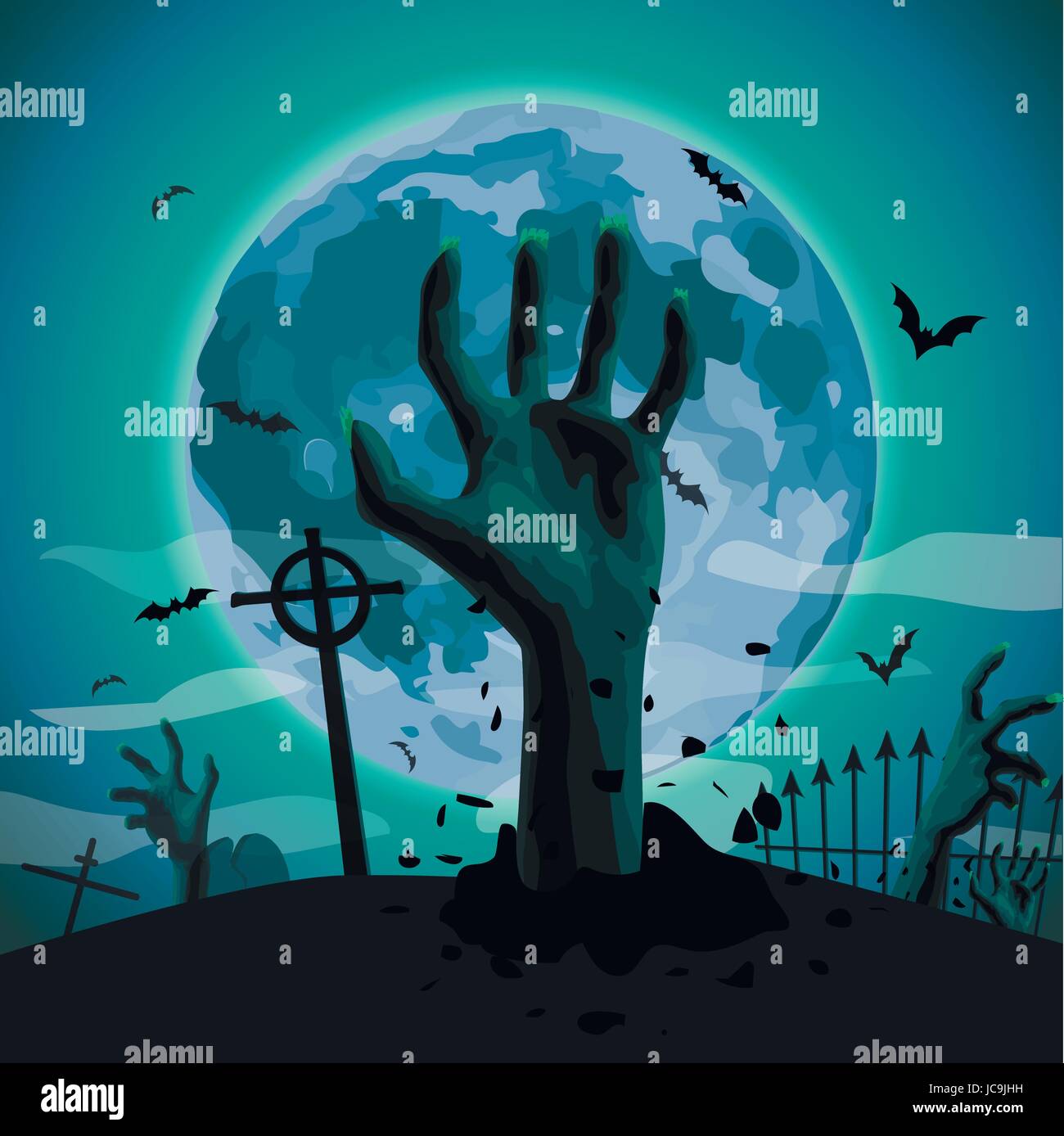 Halloween night: full moon cemetery graveyard graves zombie zombi hands sticking out of ground bat flittermouse. Vector vertical closeup side view sig Stock Vector