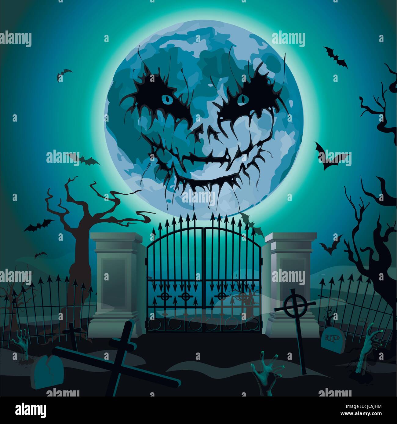 Halloween night: full moon cemetery graves gates zombie, zombi hands sticking out of ground, bat rearmouse. Vector vertical closeup side view signboar Stock Vector