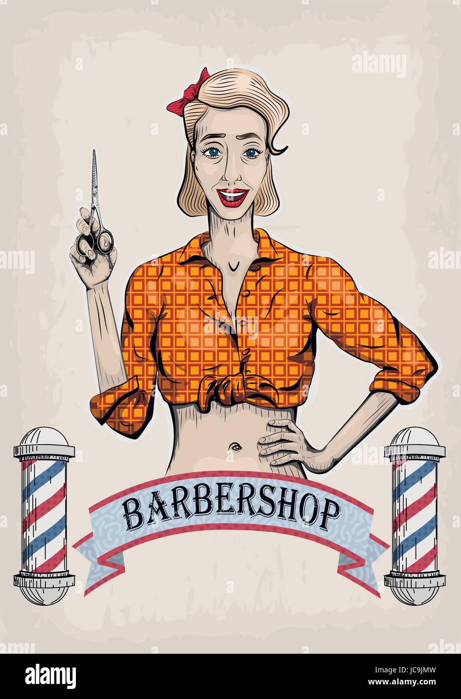 Female woman girl lady hairdresser, barber, beautician has with scissors, shears, shear, clippers beautiful worker people portrait. Vector nice retro  Stock Vector