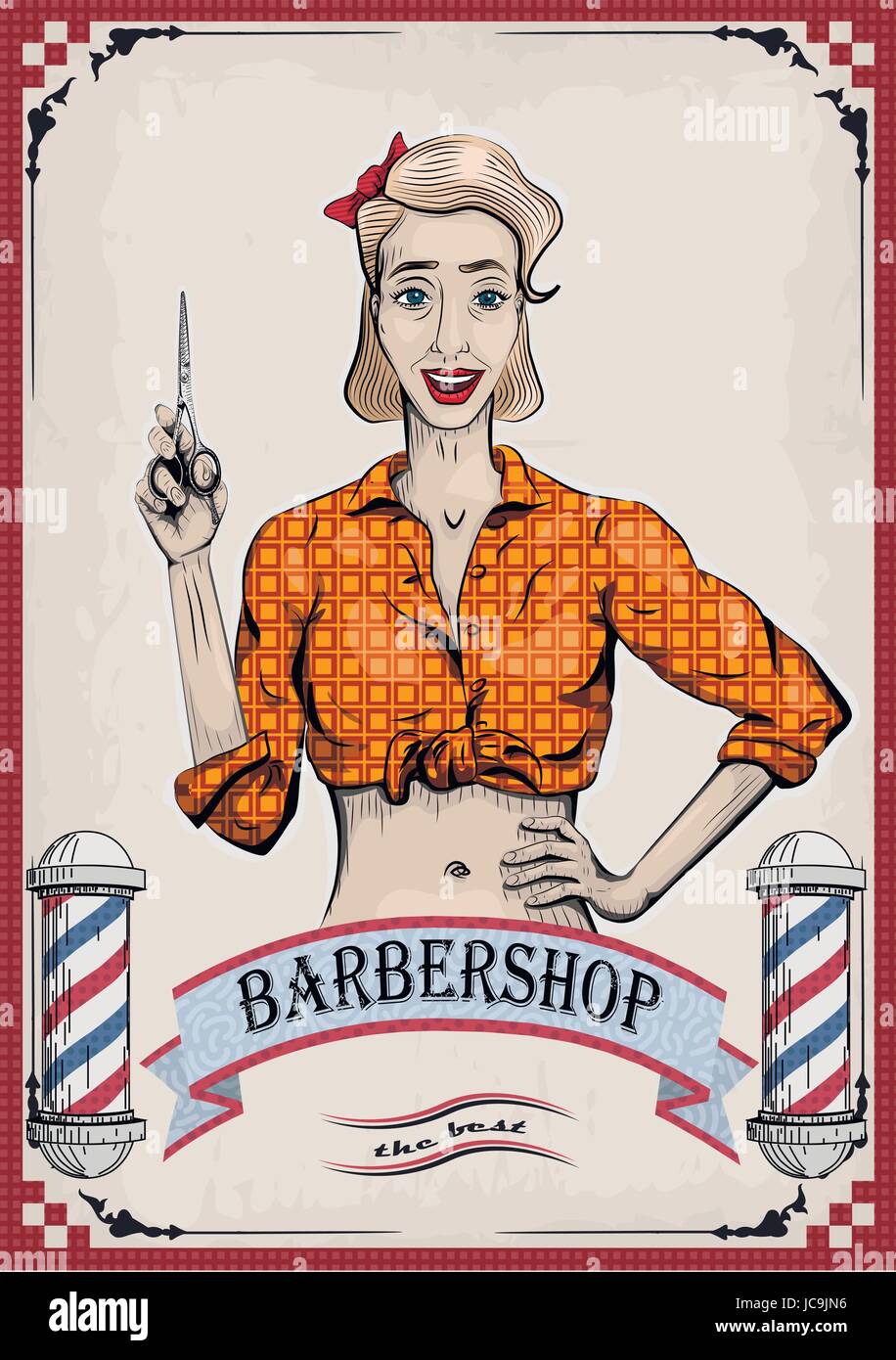 Female woman girl lady hairdresser, barber, beautician has with scissors, shears, shear, clippers beautiful worker people portrait. Vector nice retro  Stock Vector