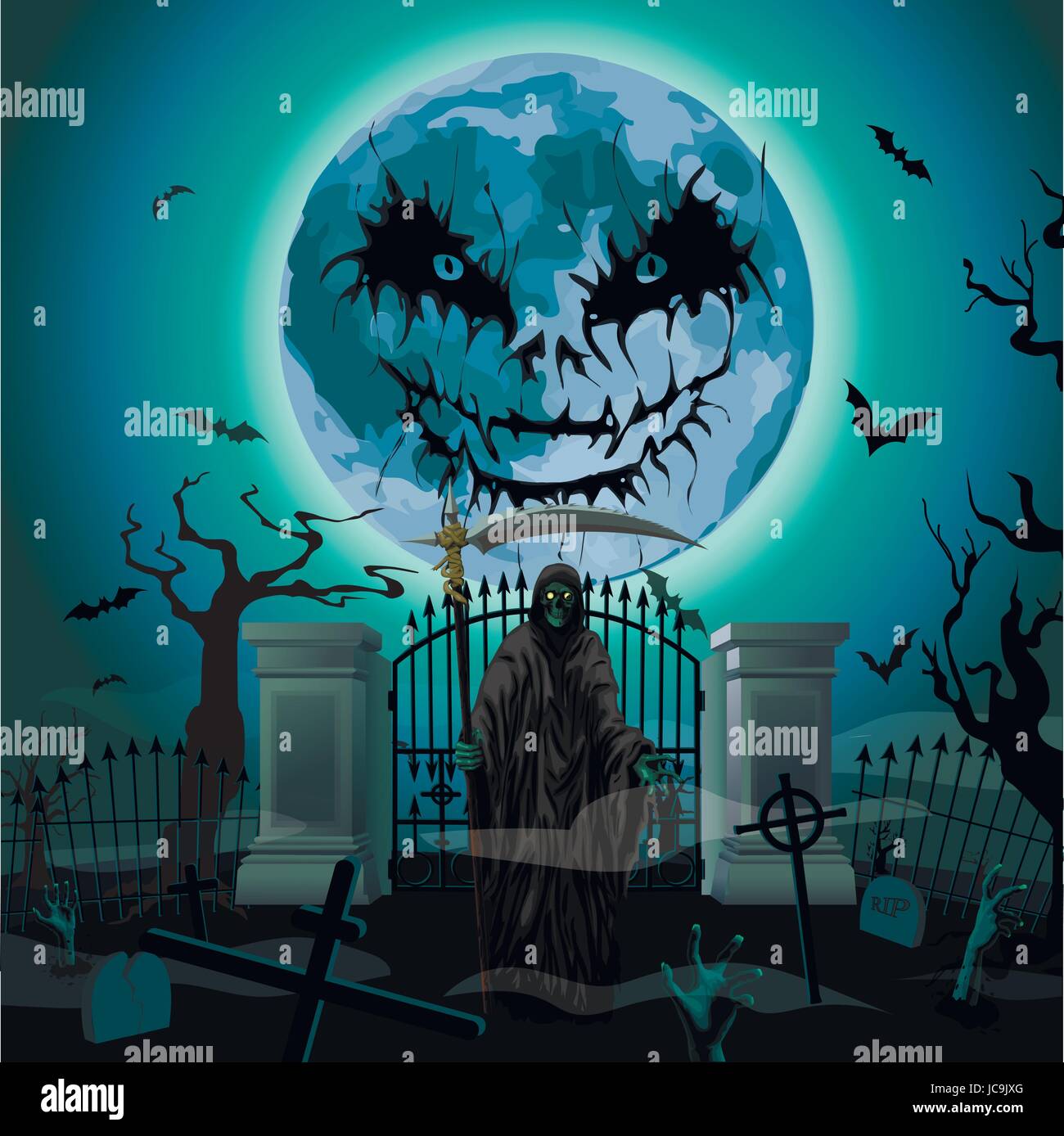 Halloween night: full scary moon cemetery graves death skeleton grim Reaper moon zombie  gate, trees bat rearmouse. Vector vertical closeup side view  Stock Vector